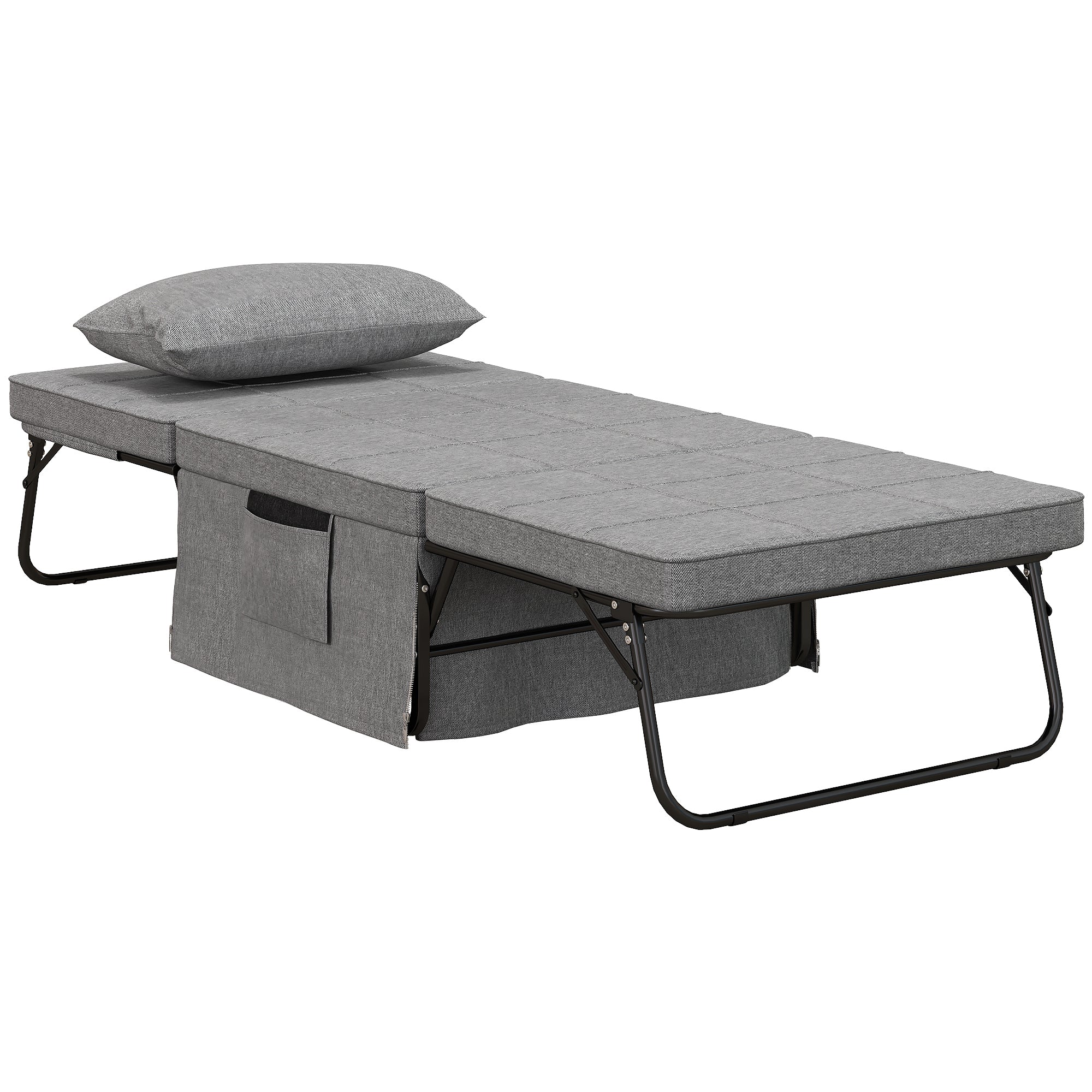 HOMCOM 4-v-1 skládací postel 75x190 cm, skládací postel pro dospělé s 8 cm tloušťkou matrace, cestovní postel s kovovým rámem, nastavitelné jednolůžko s polštářem, nosnost až 150 kg