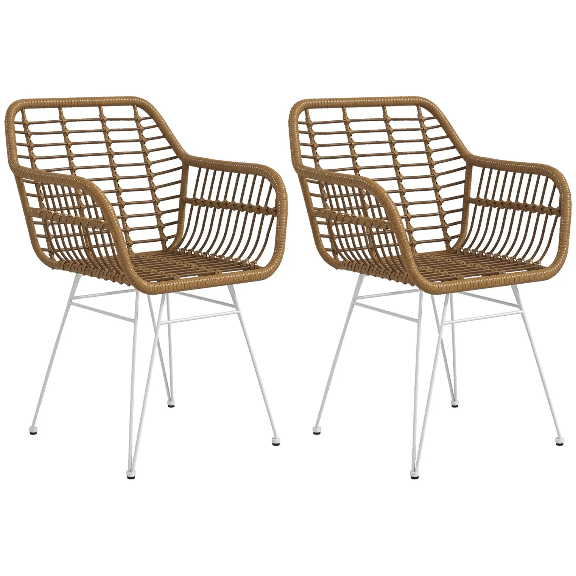 Dining Chairs Set of 2 Kitchen Chair with Backrest, Synthetic Rattan Look, Armchair with Foot Cushion, Living Room Chair, Chairs with Steel Legs for Dining Table, Light Brown+White