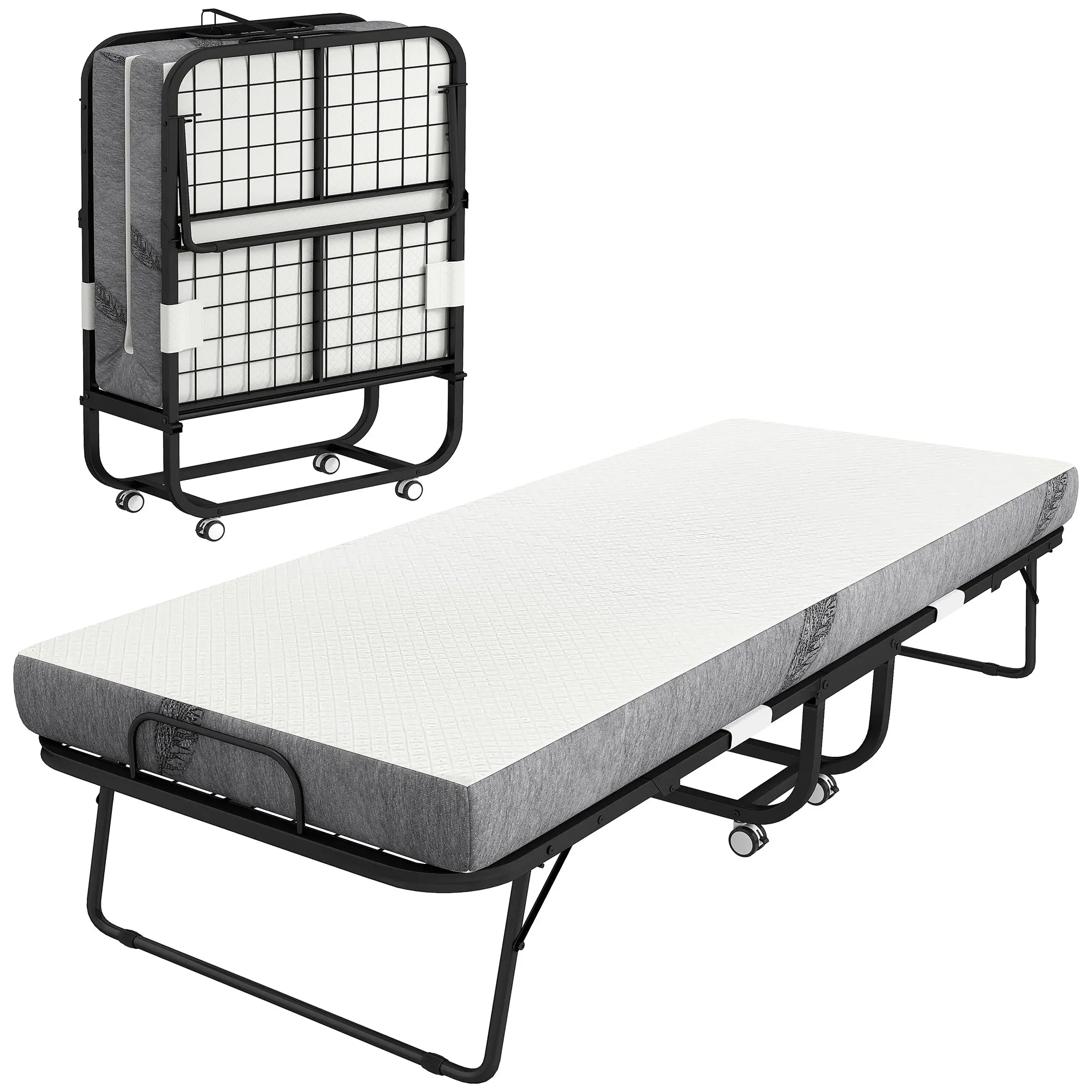Folding Single Bed with 5" Memory Foam Mattress, Portable Guest Bed on Wheels, Steel Frame — White