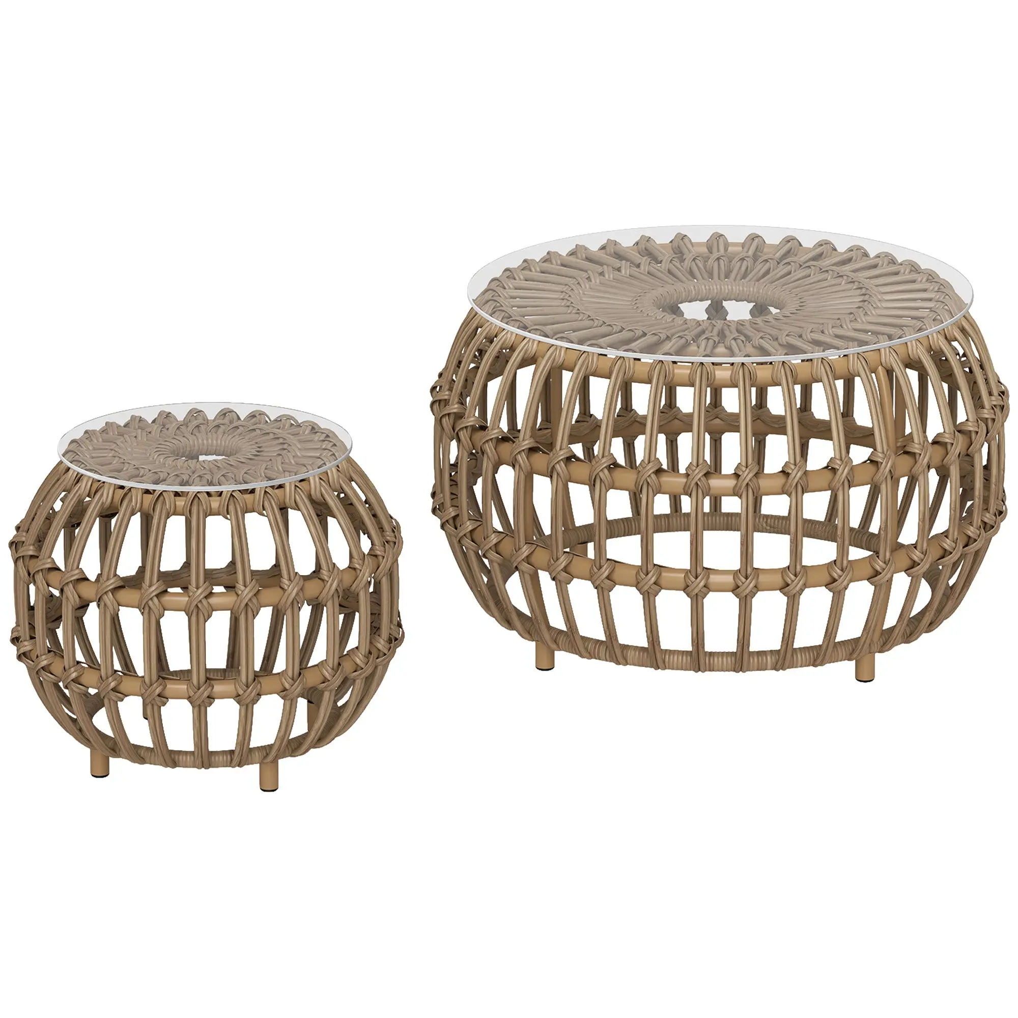 2-Piece Side Table Poly Rattan ?66/42 cm Round Weatherproof Patio Table with Glass Top Outdoor Balcony Table Coffee Table Garden Furniture for Garden, Balcony Brown