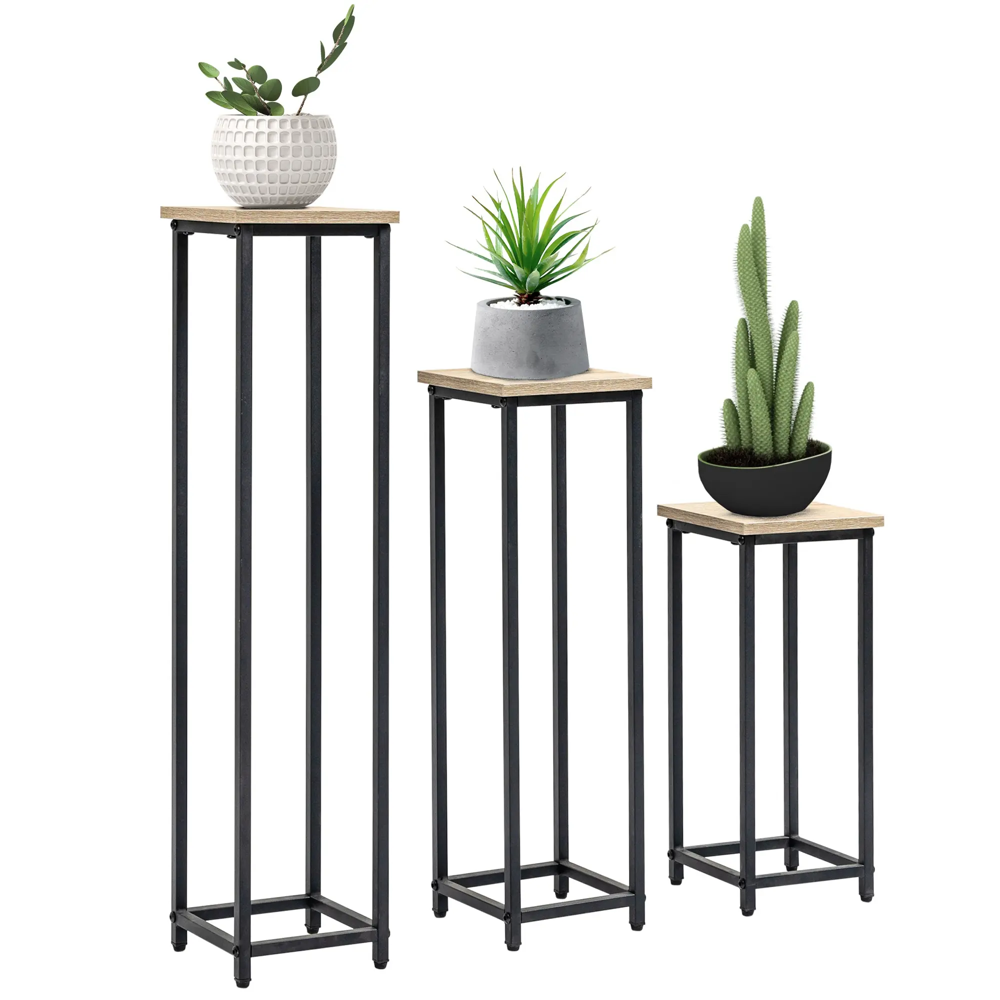 3-Piece Plant Stand Set, 50/70/90cm High Stackable Flower Stand for Indoor Outdoor, Steel Plant Stand for Living Room, Garden Balcony, Black+Nature