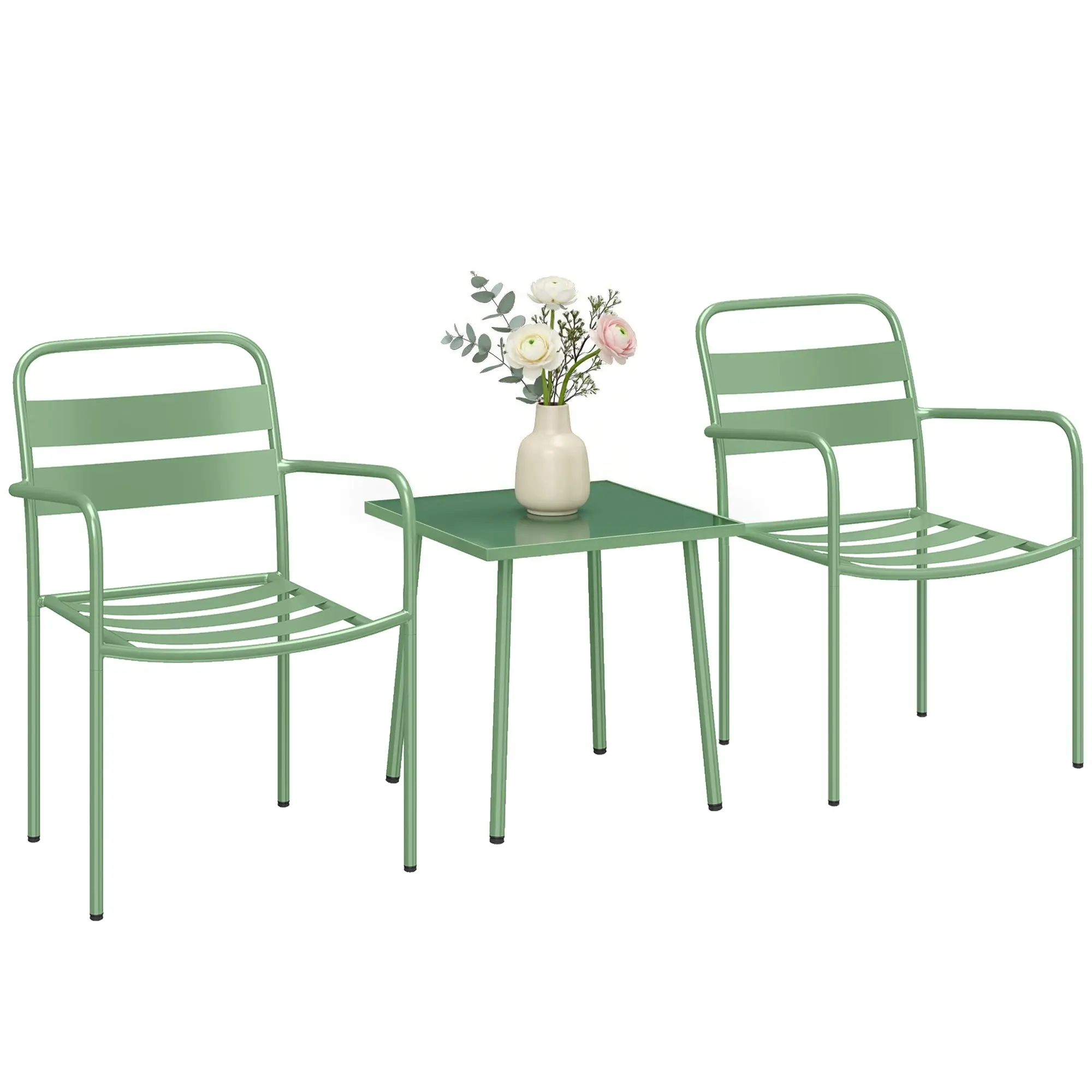 3-Piece Garden Bistro Set – Tempered Glass Coffee Table & 2 Slatted Chairs, Rust-Resistant Galvanized Steel Frame, Green