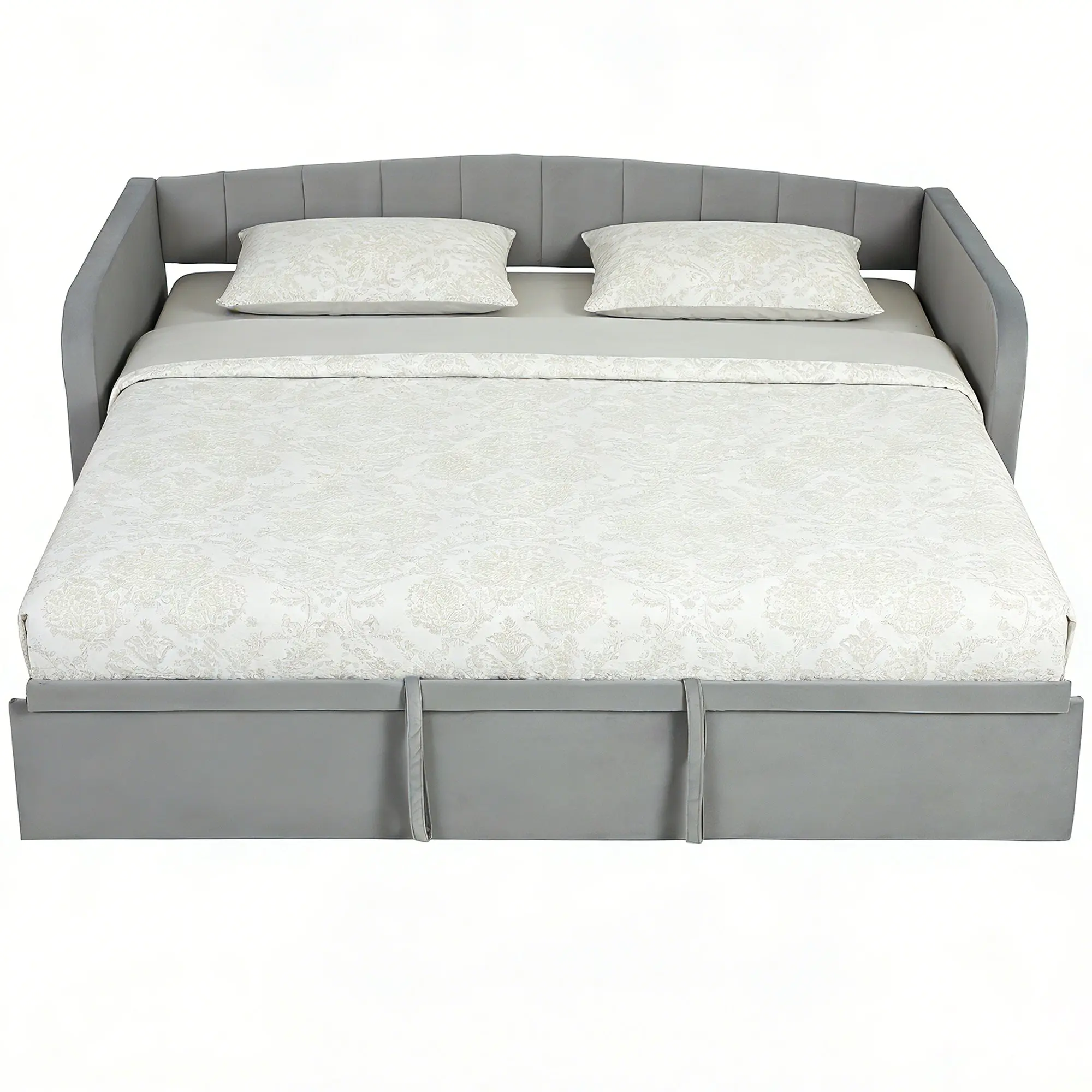 Bed Frame 35.4/70.9 x 74.8 in (90/180 x 190 cm) — Convertible Pull-Out Single to Double Sofa Bed, Padded Headboard & Armrests, 2 Side Pockets, Poplar Slats, Light Gray