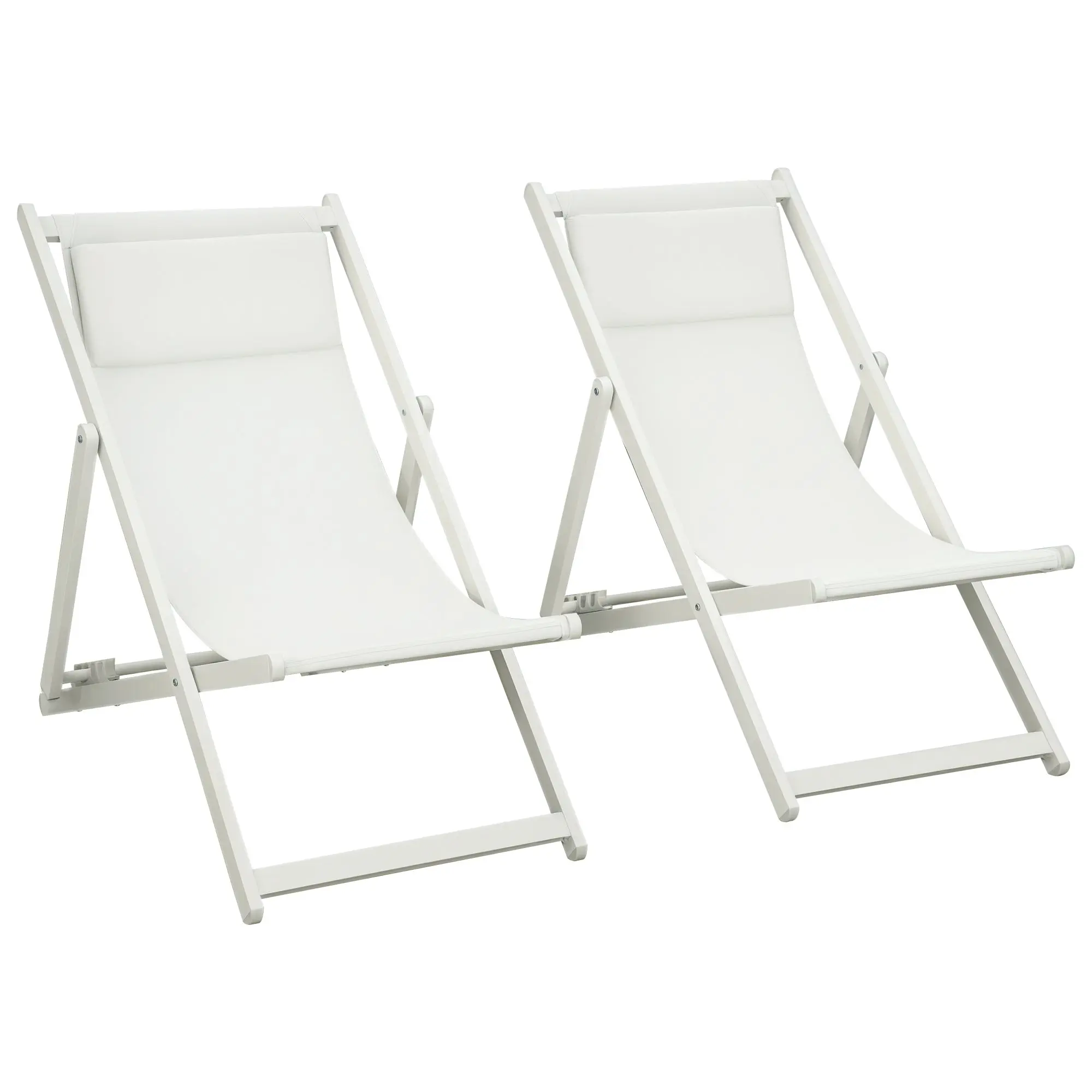 Set of 2 Folding Sun Loungers, Adjustable Garden Lounger Chairs with 5-Position Backrest, Removable Headrest, Aluminium Frame and Textilene Seat, White