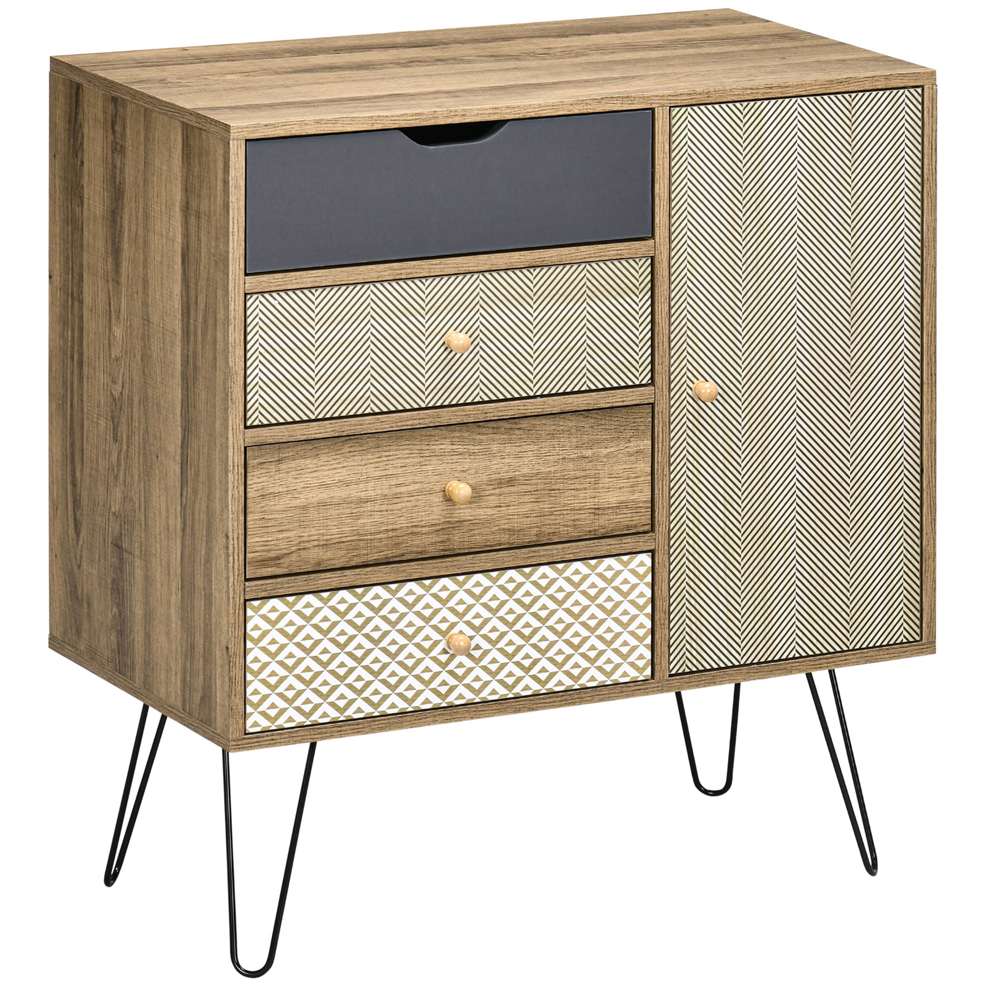 Storage Cabinet Chest of 4 Drawers 1 Cupboard - Hairpin Legs - Bohemian Style - 79 x 39 x 86 cm Brown