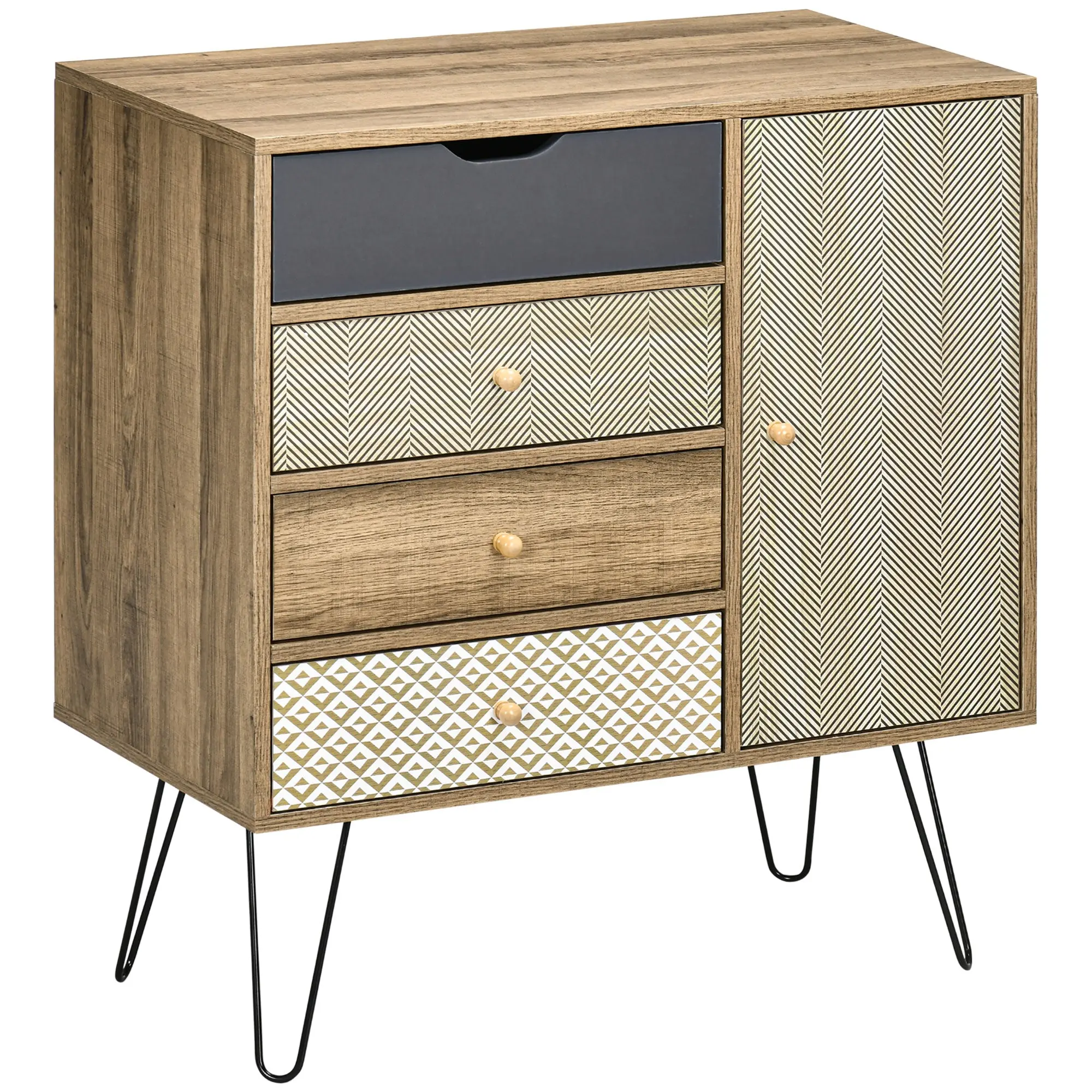 Storage Cabinet Chest of 4 Drawers 1 Cupboard - Hairpin Legs - Bohemian Style - 79 x 39 x 86 cm Brown