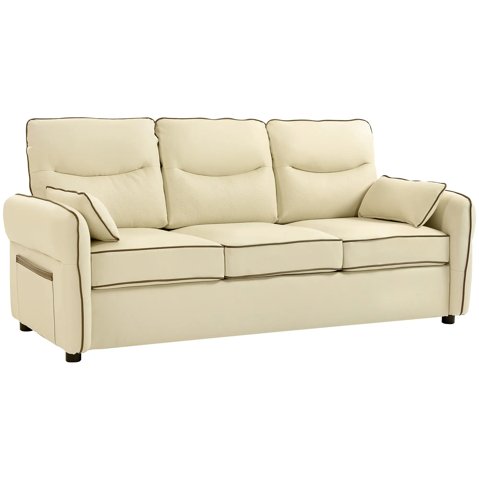 3-Seater Sofa, Modern Living Room Sofa, 74.8×32.7×35.4 in, PU Leather Upholstery, Thick Foam Padding, Wide Seat, Armrests & Side Pocket, Quick Assembly, 2 Cushions, Beige