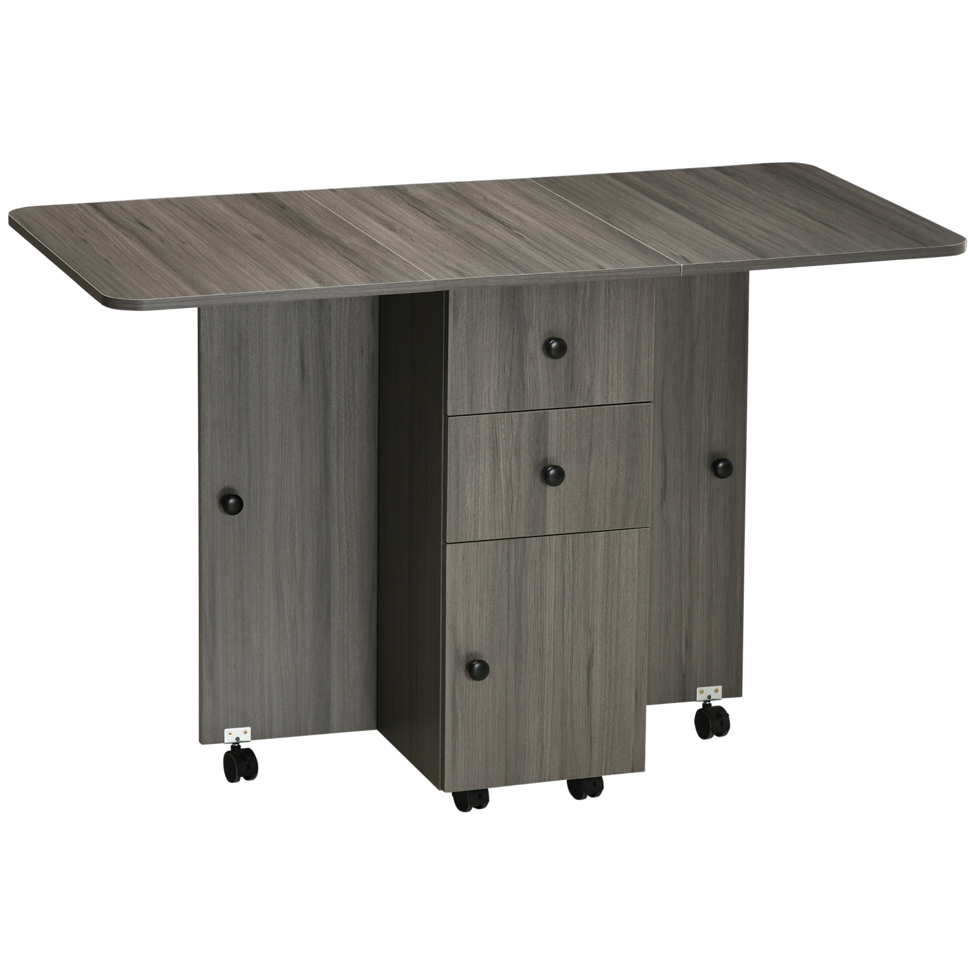 HOMCOM Klapptisch für die Küche - Klappender Esstisch mit 2 Klapptabletts, 2 Schubladen, 1 Schrank und 1 Ablage 120 x 60 x 76,5 cm - Dunkelgrau