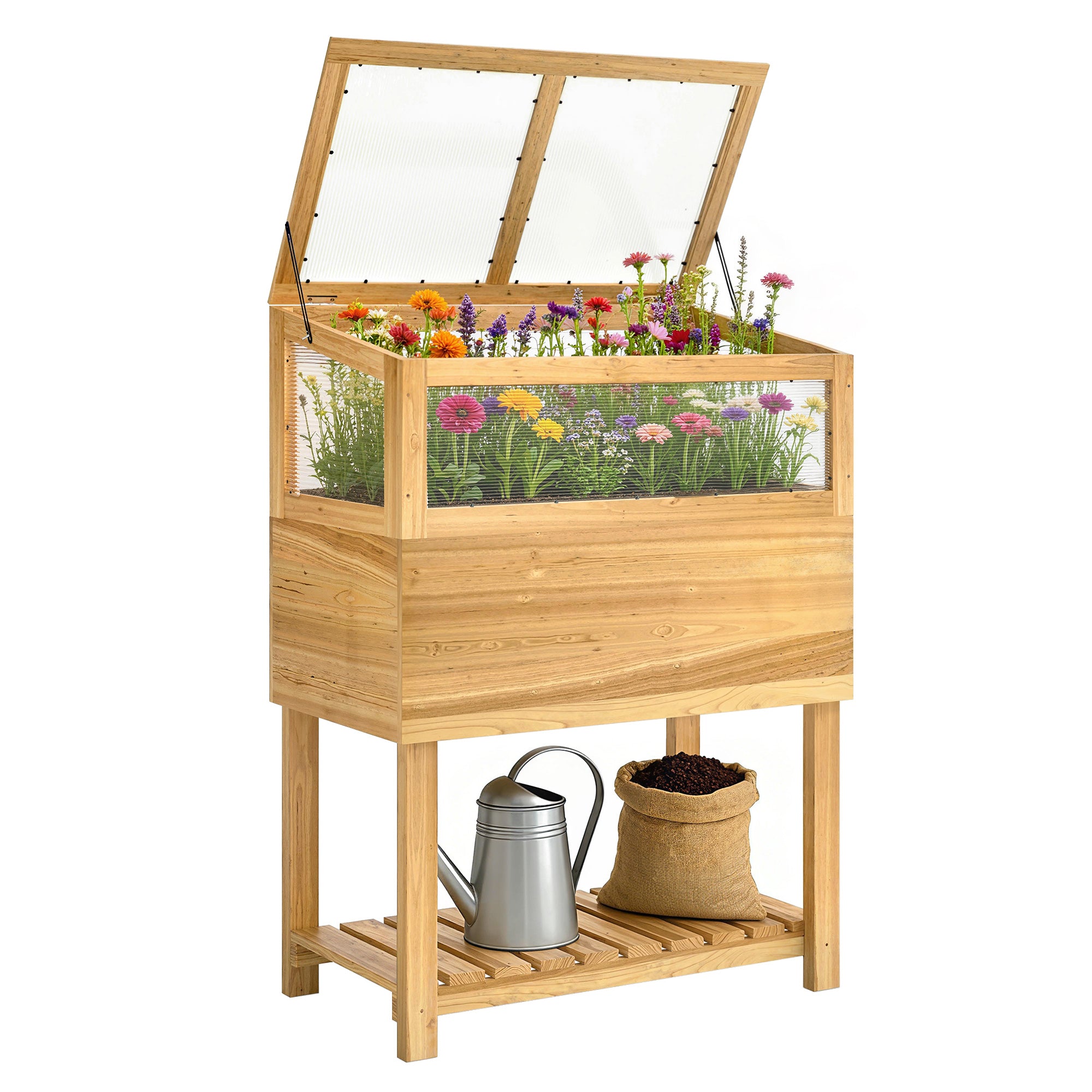 Outsunny hævet plantekasse i træ med koldramme – Højbedsbænk med hængslet låg & opbevaringshylde, ergonomisk blomster-/grøntsagsbed til have og altan, 80 x 45 x 108,5 cm, naturtræ