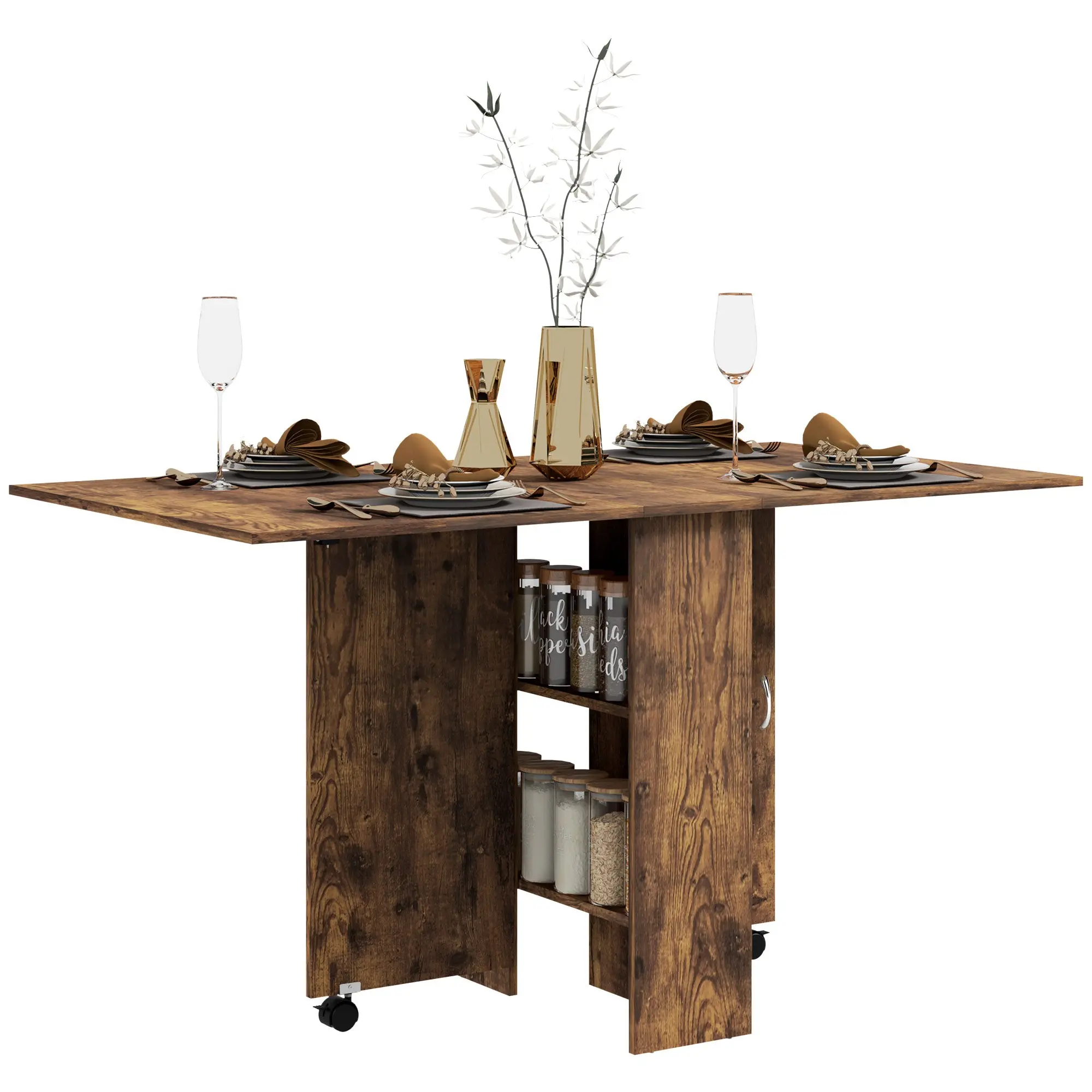 Foldable Dining Table, Space-Saving Drop-Leaf Kitchen Table for Up to 6, Convertible Console Desk with 2 Open Shelves and Locking Casters, for Living Room or Office, 140 x 75 x 74 cm, Rustic Brown