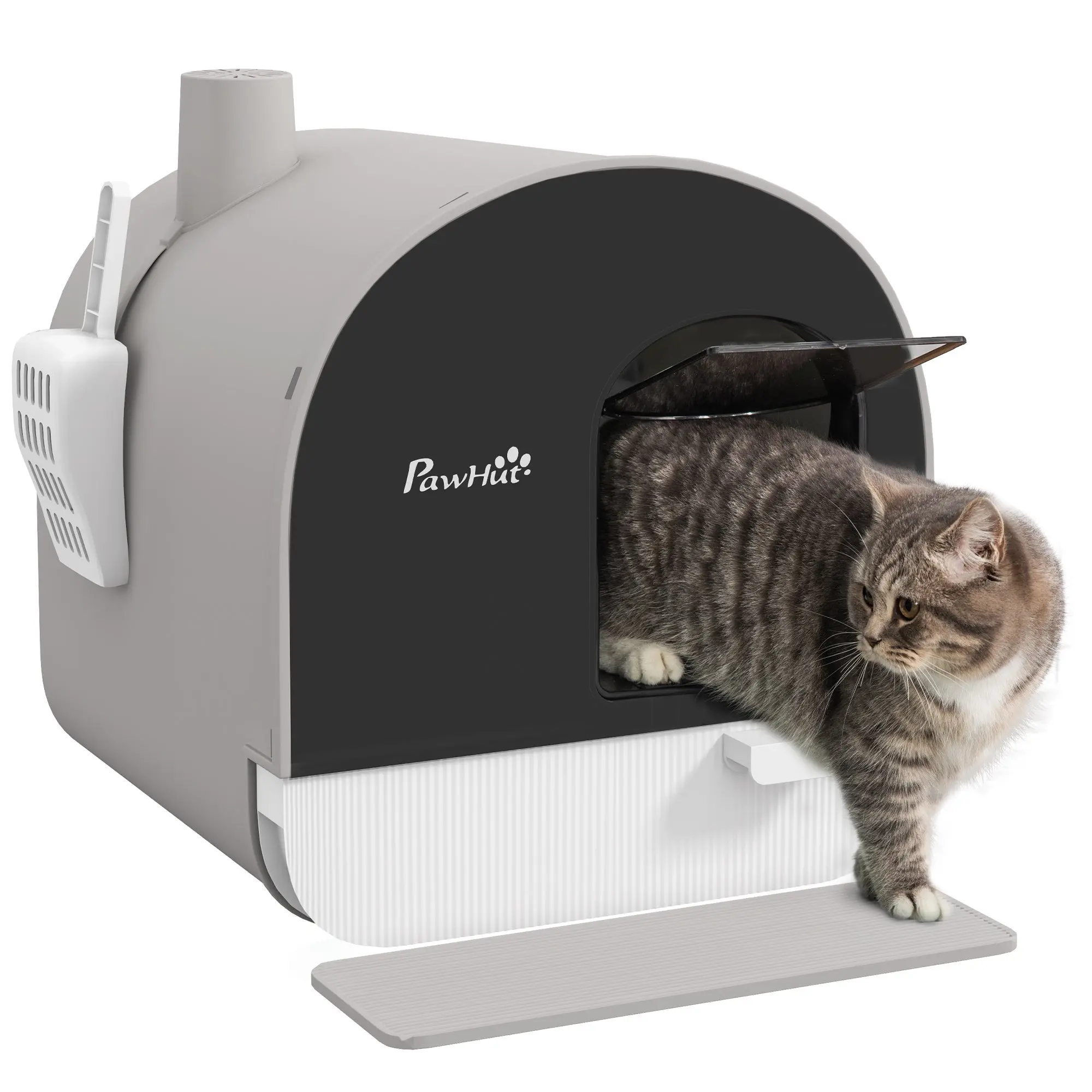 Cat Litter Box with Lid, Cat Toilet including Scoop and Litter Mat, Pull-Out Tray, Cat Toilet for Large Cats, Gray, 43 x 44 x 47 cm