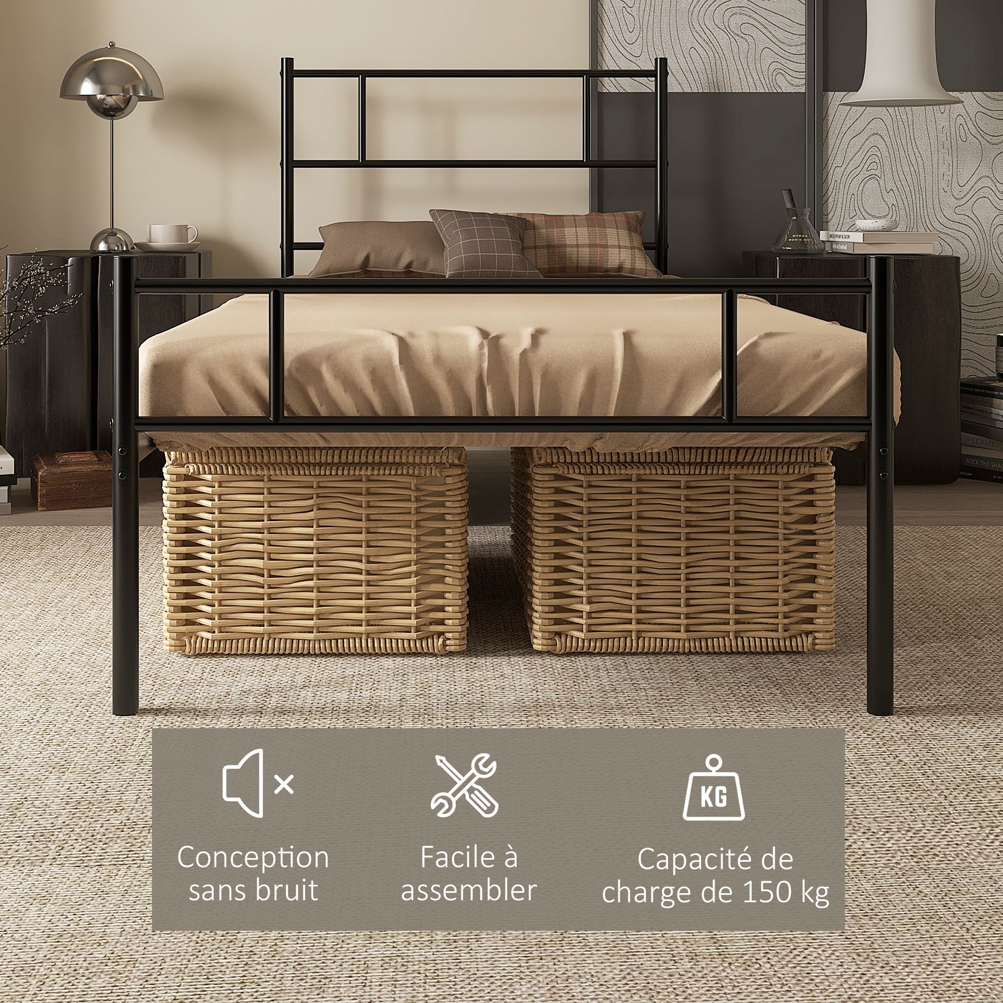 HOMCOM Bettgestell 90 x 190 cm Einzelbett aus Stahl mat Slatframe, Kapp a Fouss, Héicht 31 cm mat Plaz fir Ënnerschreiwung, Schwaarz