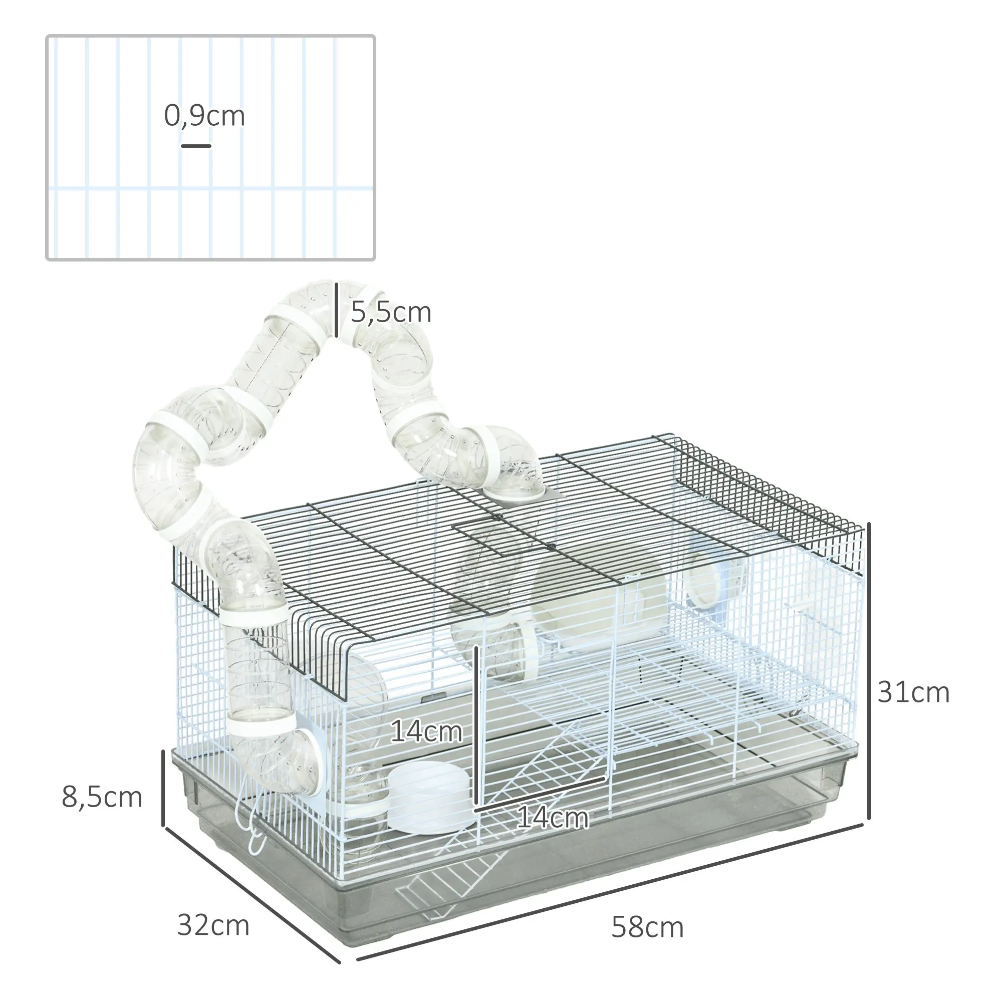 Hamster Cage, Rodent Cage, with Tunnel and Accessories Included, Hamster Cage, Handle, Steel Wire, 58 x 32 x 31 cm, Gray