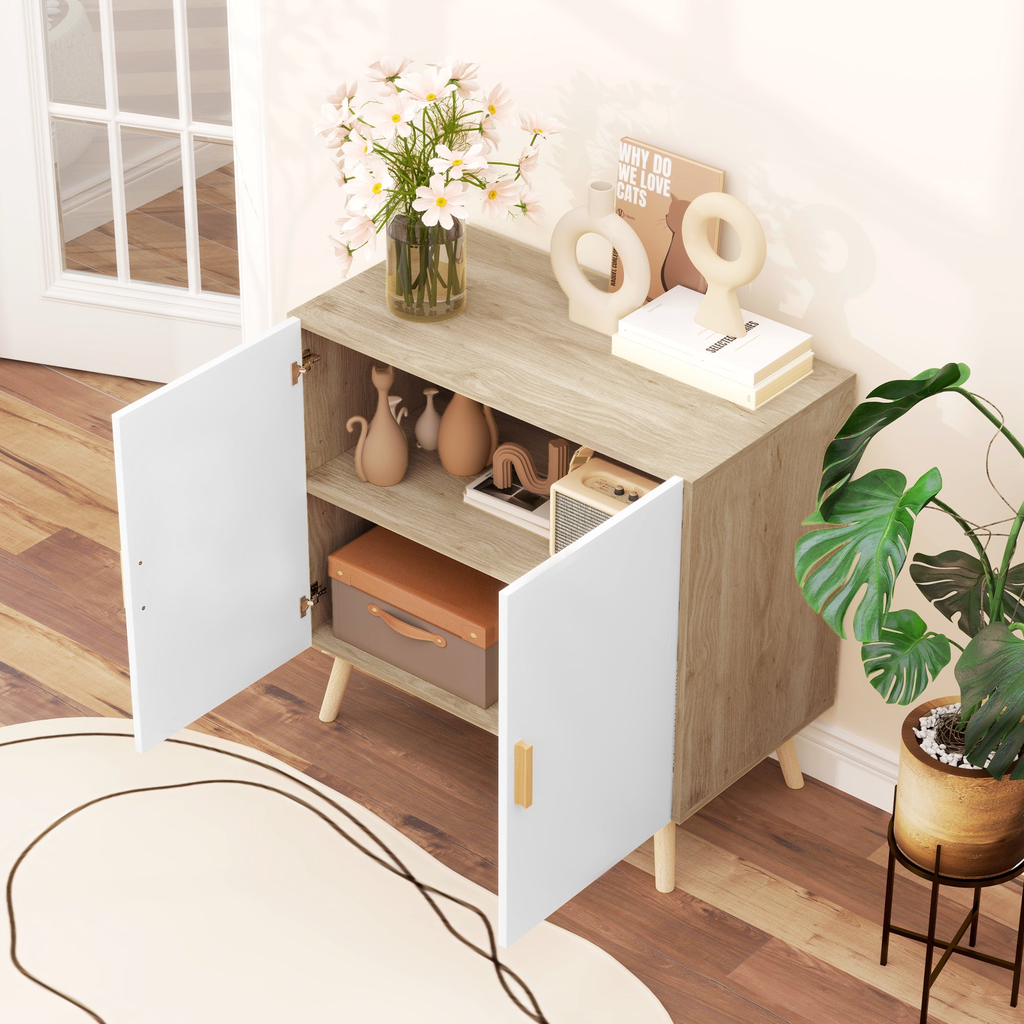 Buffet, storage cabinet, with bamboo handles, adjustable shelf, raised base, for living room kitchen dining room, 76 x 41.2 x 74 cm white and natural wood
