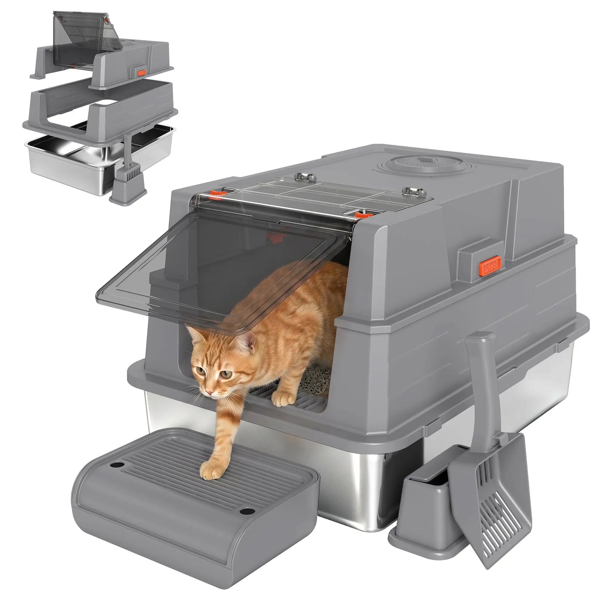 XXL Stainless Steel Cat Litter Box 130L, Extra Large Enclosed Cat Litter Tray with 180° Flip Lid, High Sides, Litter-Trapping Step & Scoop, Grey