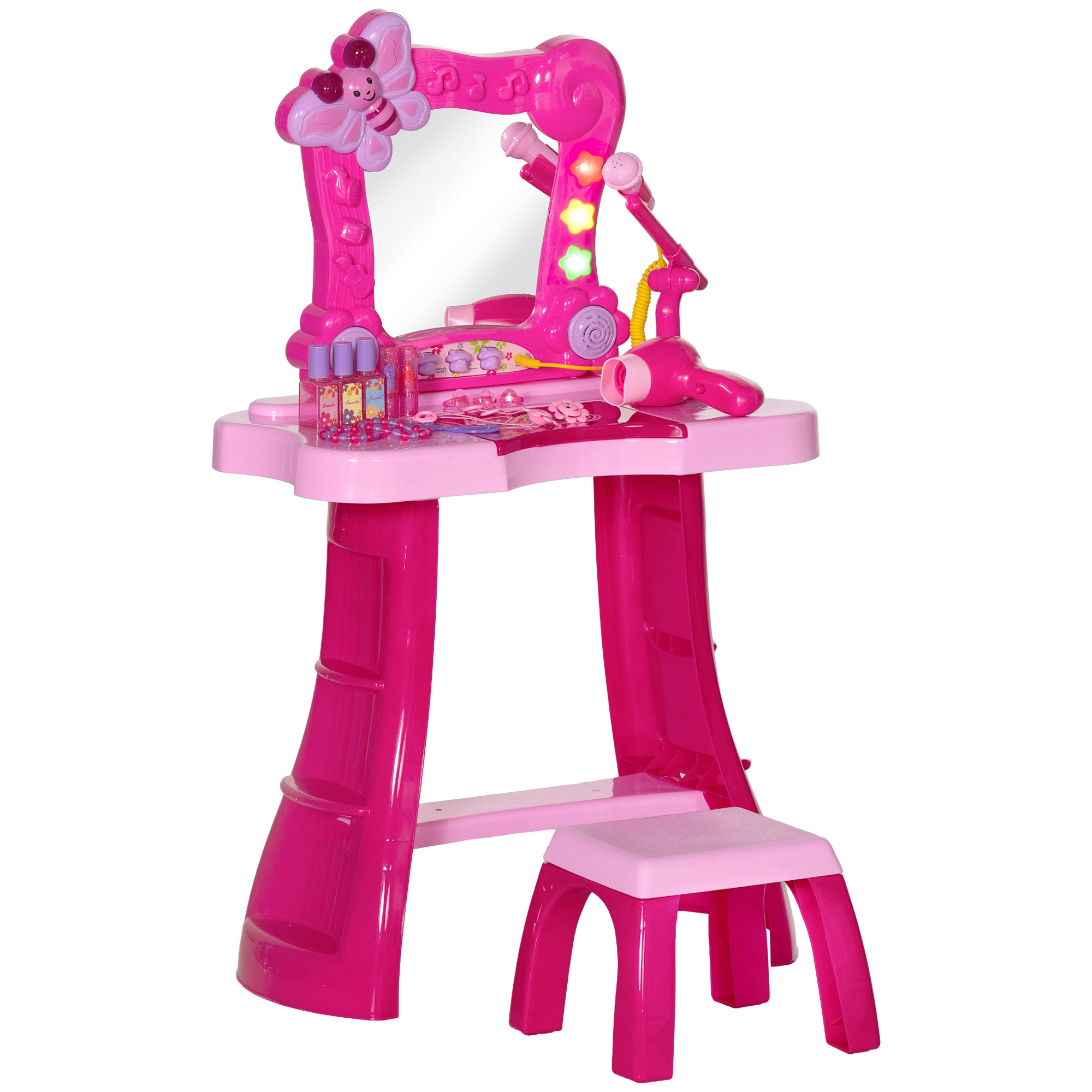 AIYAPLAY Kanner Vanity Set 15 PCS, Makeup Dësch mat Stull a Spigel, Luucht, Musek, Mikrofonn, Hoerfänner, Späicherplatz, fir Meedchen 3 bis 6 Joer Aalt, Rose