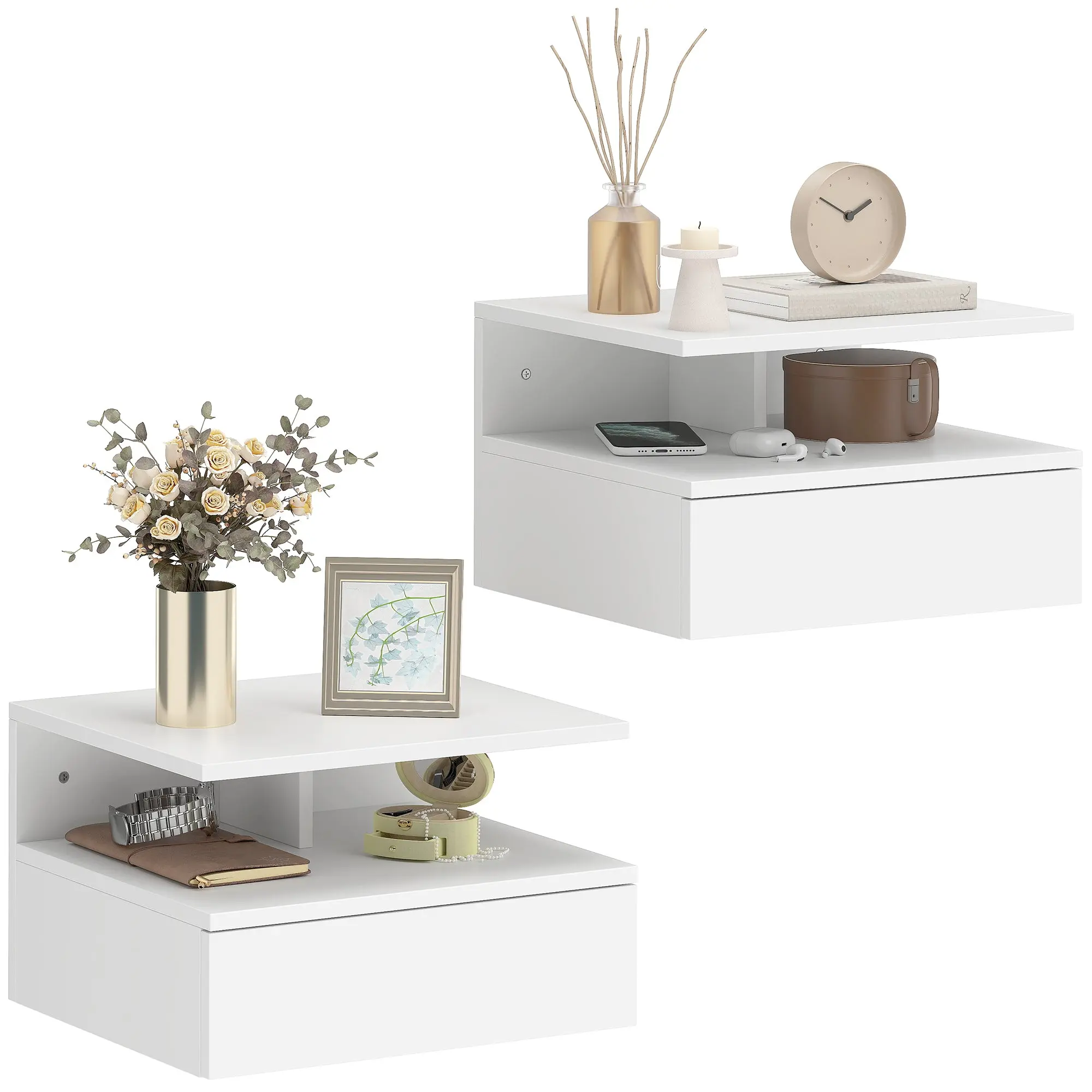Set of 2 Floating Nightstands with Drawer — Wall-Mounted Modern Bedside Tables, 13.8 x 12.6 x 8.9 in, White