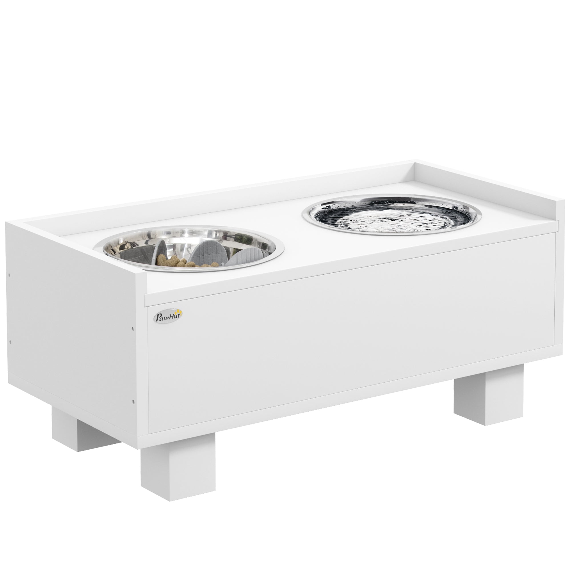 Bol surélevé pour chien PawHut, bol de nourriture réglable en hauteur avec rangement, 2 x 1L bols en acier inoxydable, tapis anti-gorge, pour chiens de taille moyenne, blanc