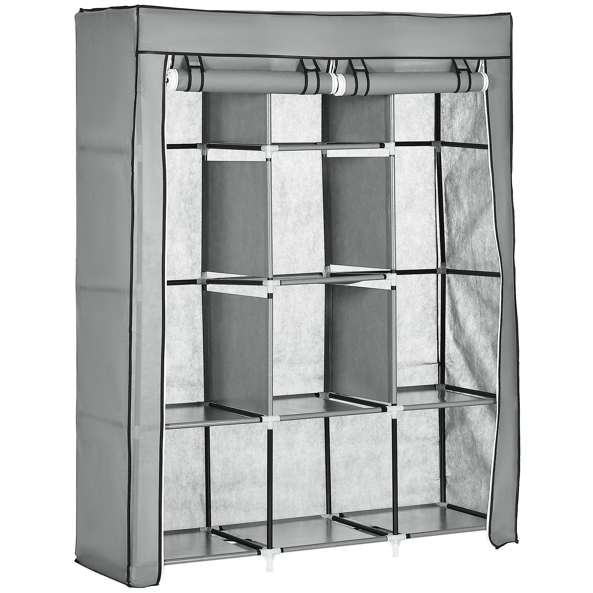 HOMCOM Stoffschrank, Kleiderstangen-Schrank mit 8 Regalen, faltbarer Kleiderschrank für Schlafzimmer, Flur, aus Vliesstoff, Hellgrau, 125 x 43 x 162,5 cm