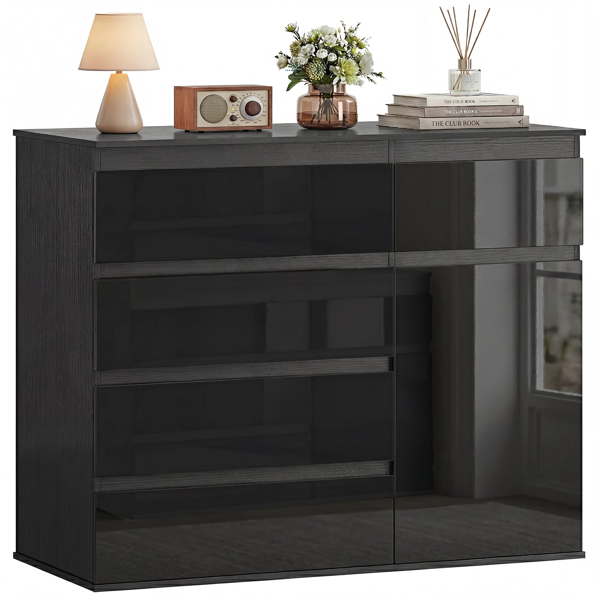 HOMCOM Sideboard – Kommode mit 5 Schubladen, verstellbarem Fach & Soft-Close-Tür, für Wohnzimmer/Küche/Esszimmer, Schwarz Hochglanz, 100 x 40 x 80 cm