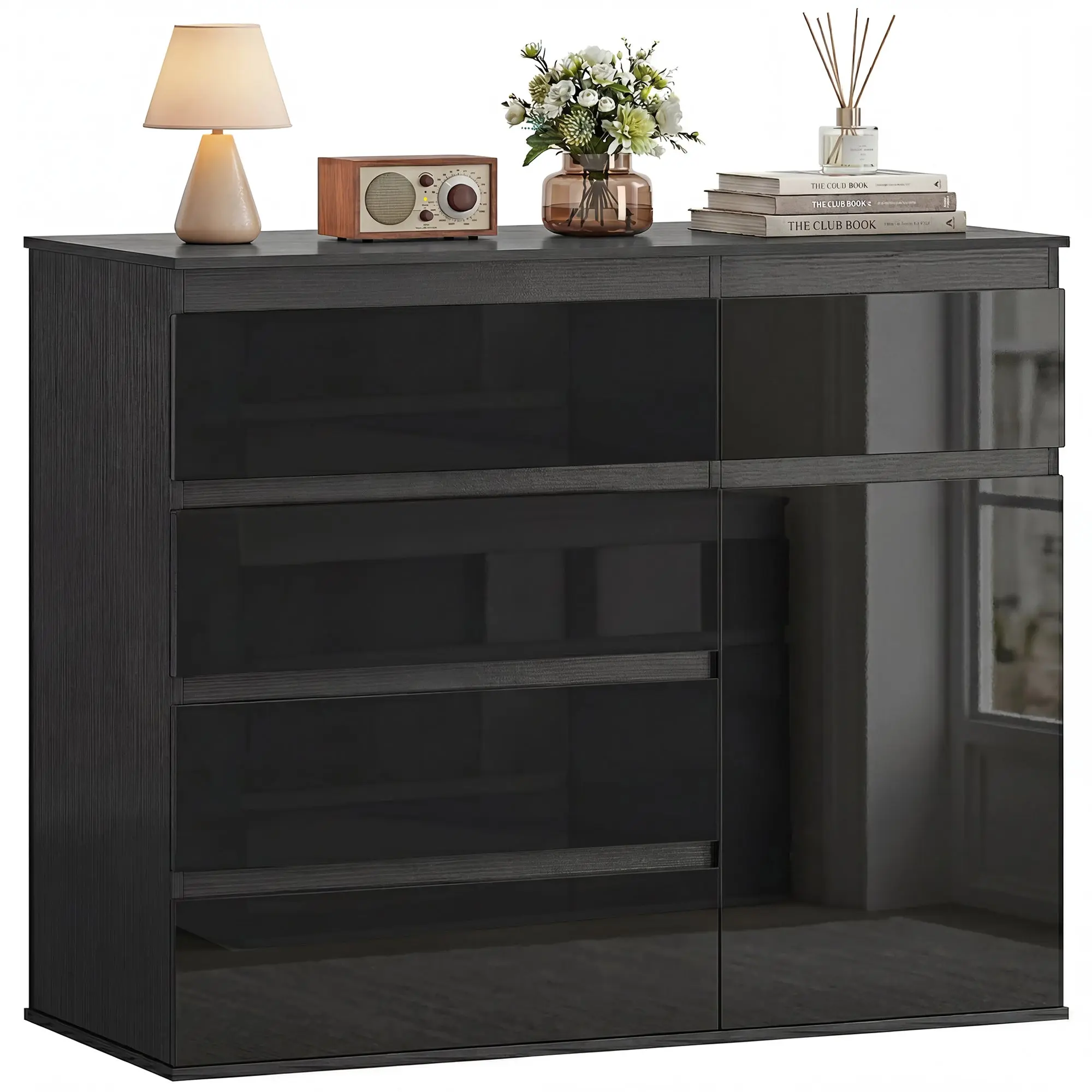 Sideboard — 5-Drawer Dresser with Adjustable Shelf & Soft-Close Door, Kitchen Cabinet for Living Room/Kitchen/Dining, High-Gloss Black, 39.4 x 15.7 x 31.5 in (100 x 40 x 80 cm)