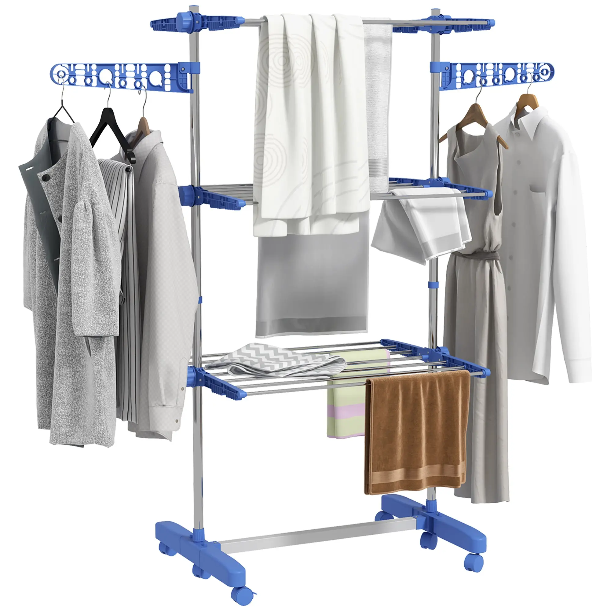 Laundry Stand Tower Dryer with 3 Levels, Foldable Wings, Wheels, Tower Laundry Stand for Indoor and Outdoor Use, 142 x 55 x 152 cm, Blue