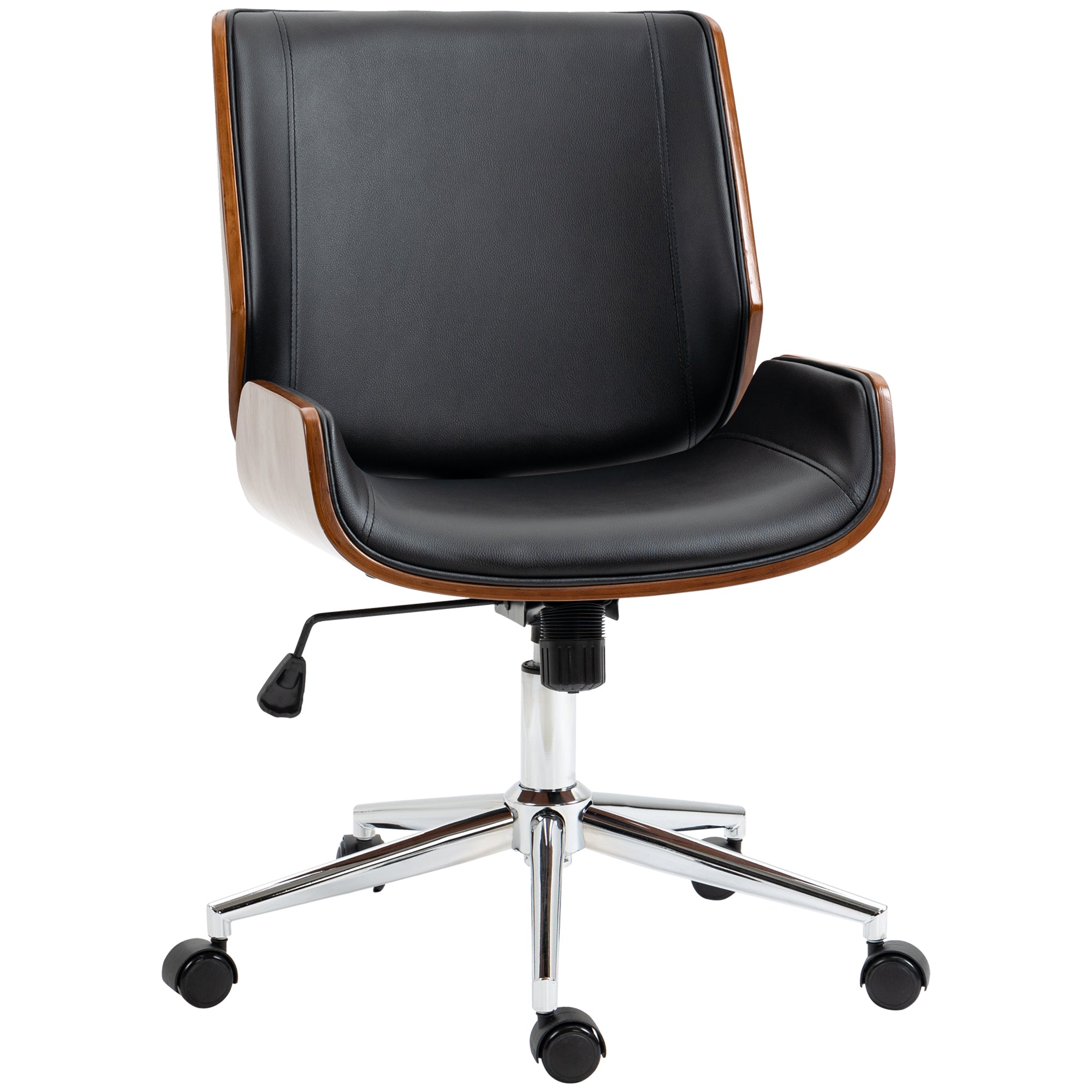 Office Chair, Armless Desk Chair with Rocking Function, Height Adjustable Computer Chair, Faux Leather Padded Swivel Chair with Wood-Look Shell, Wheels, Black, 53 x 60 x 86-96 cm