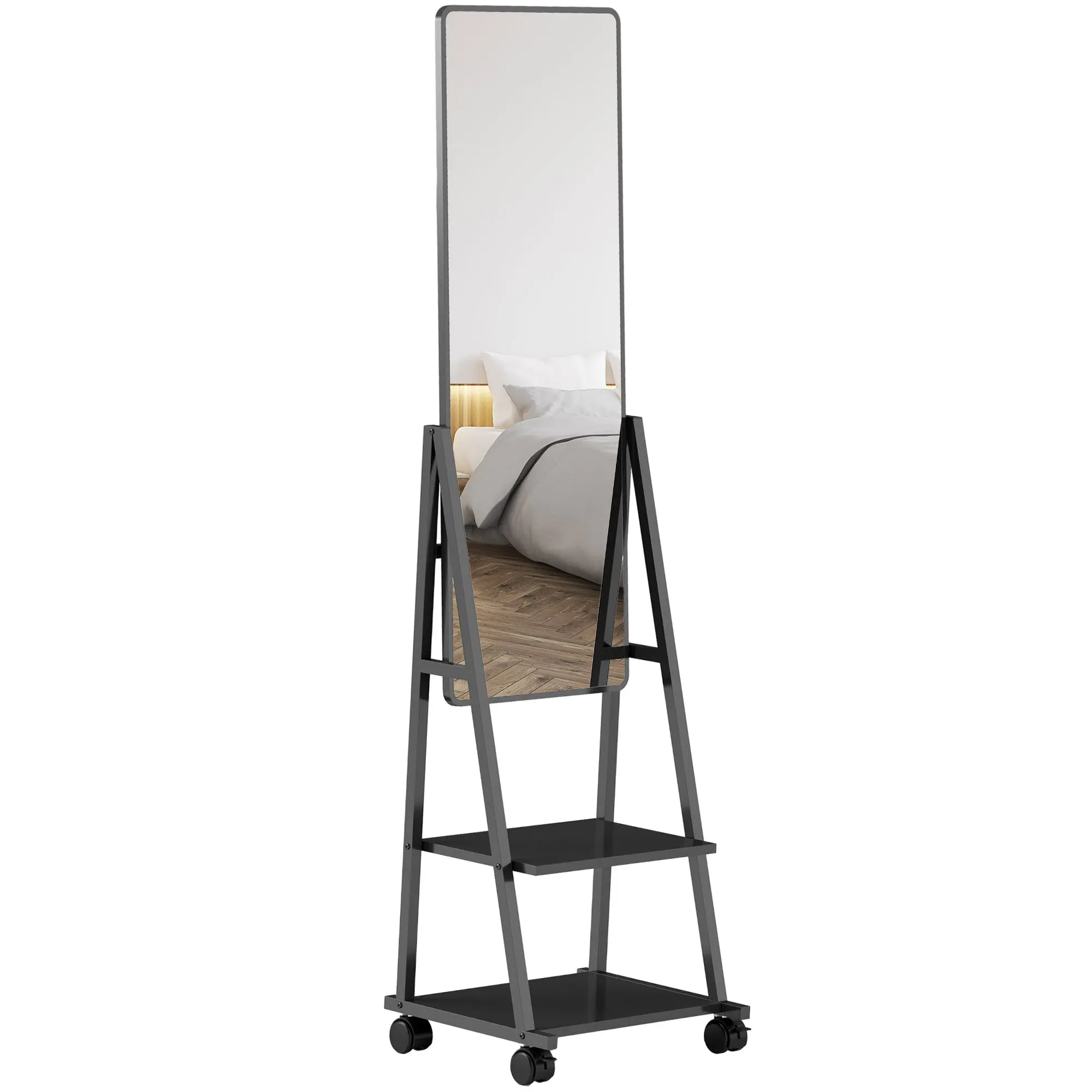Full-Length Mirror, 42 x 155 cm Floor Mirror with Shelf, Standing Mirror with Wheels, Freestanding Mirror for Bedroom, Living Room, Black