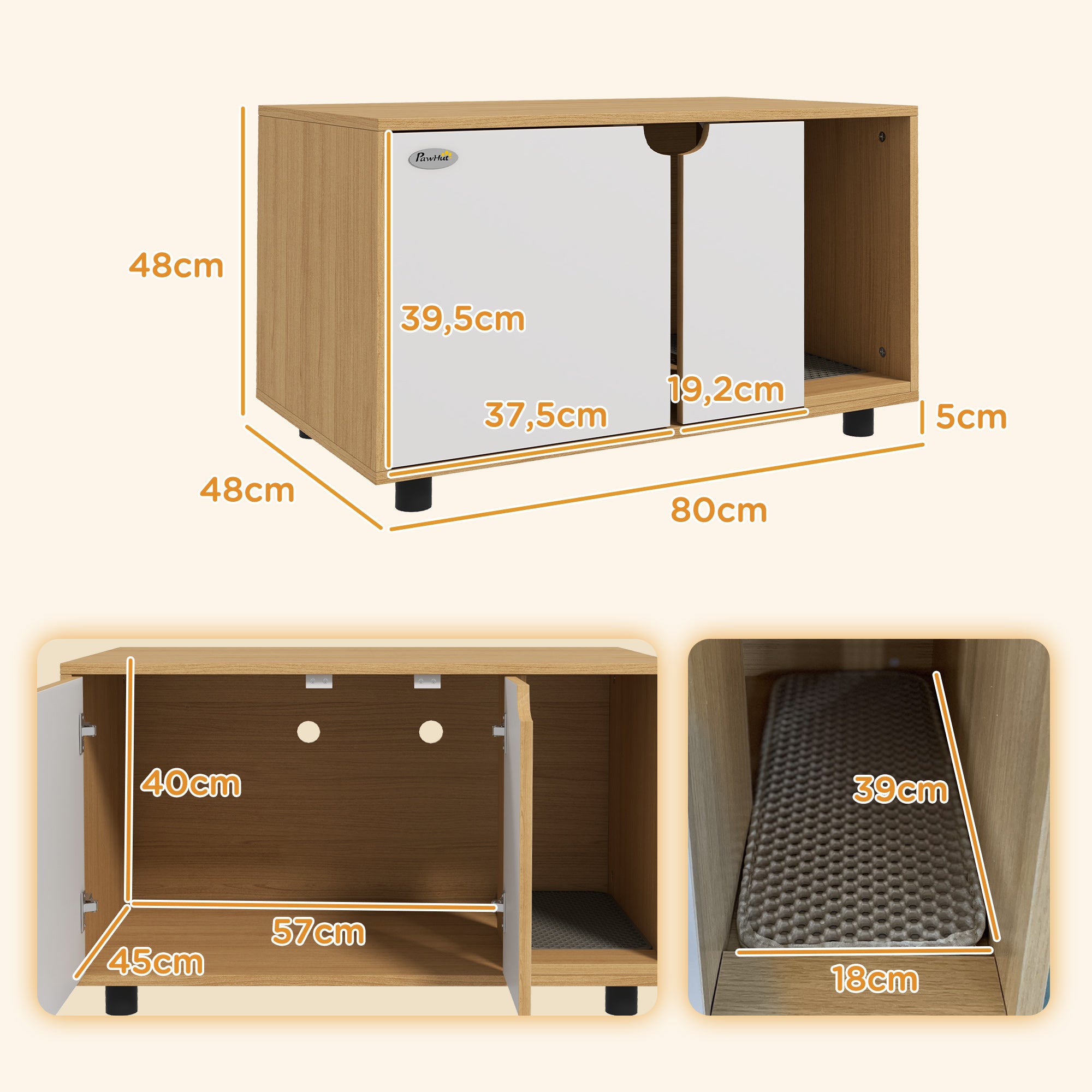 PawHut Katter Sandhaus, Versteckte Sandkëscht Cabinet, Dieren, Skandinavesche Stil, Haustier Säit Tësch, 2 Loftvénter, Sand Auslaufrëschung, Naturel an Wäiss