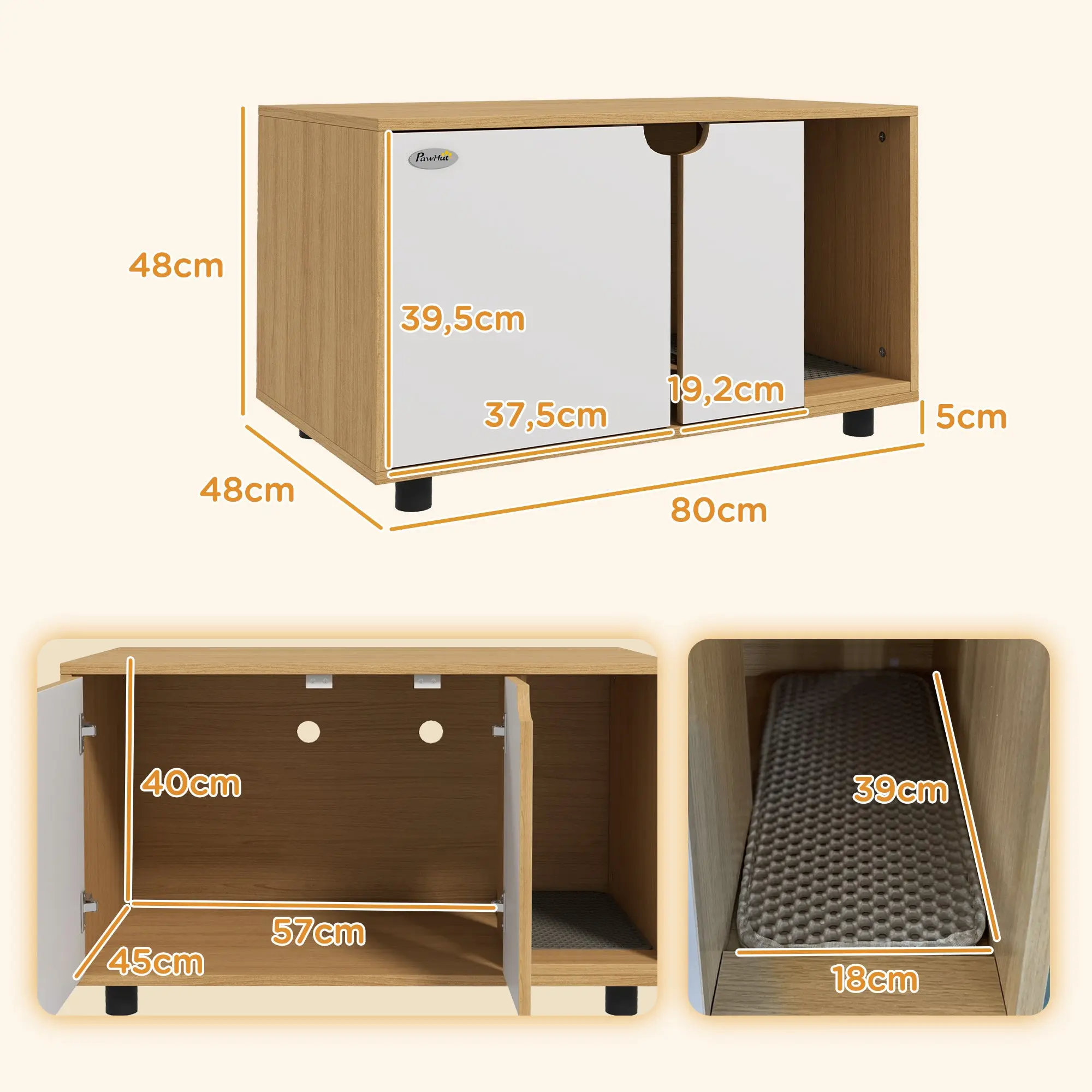 Cat Litter House, Hidden Litter Box Cabinet, Doors, Scandinavian Style, Pet Side Table, 2 Air Vents, Sand Leak Mat, Natural and White