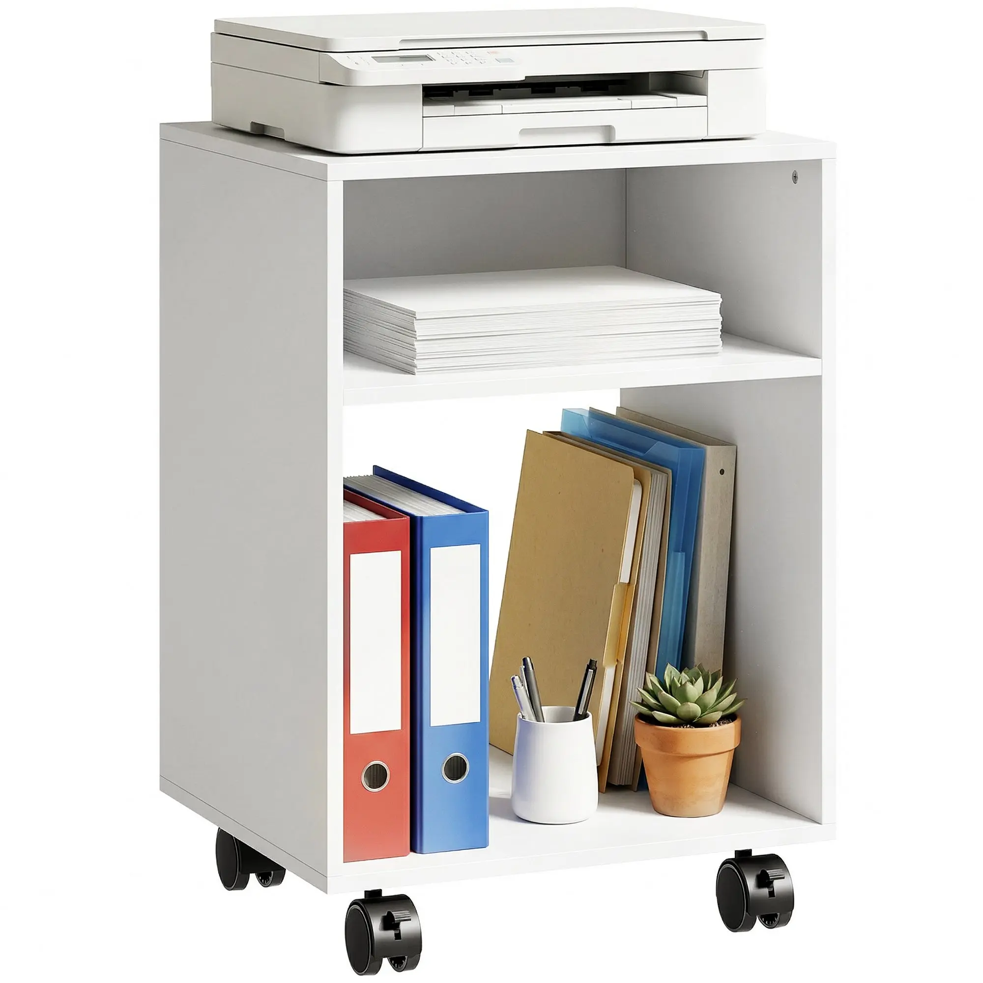 Printer Stand with Locking Casters, 2 Open Shelves for A4 & Letter Paper, Compact White, 15.7 x 13.8 x 21.7 in