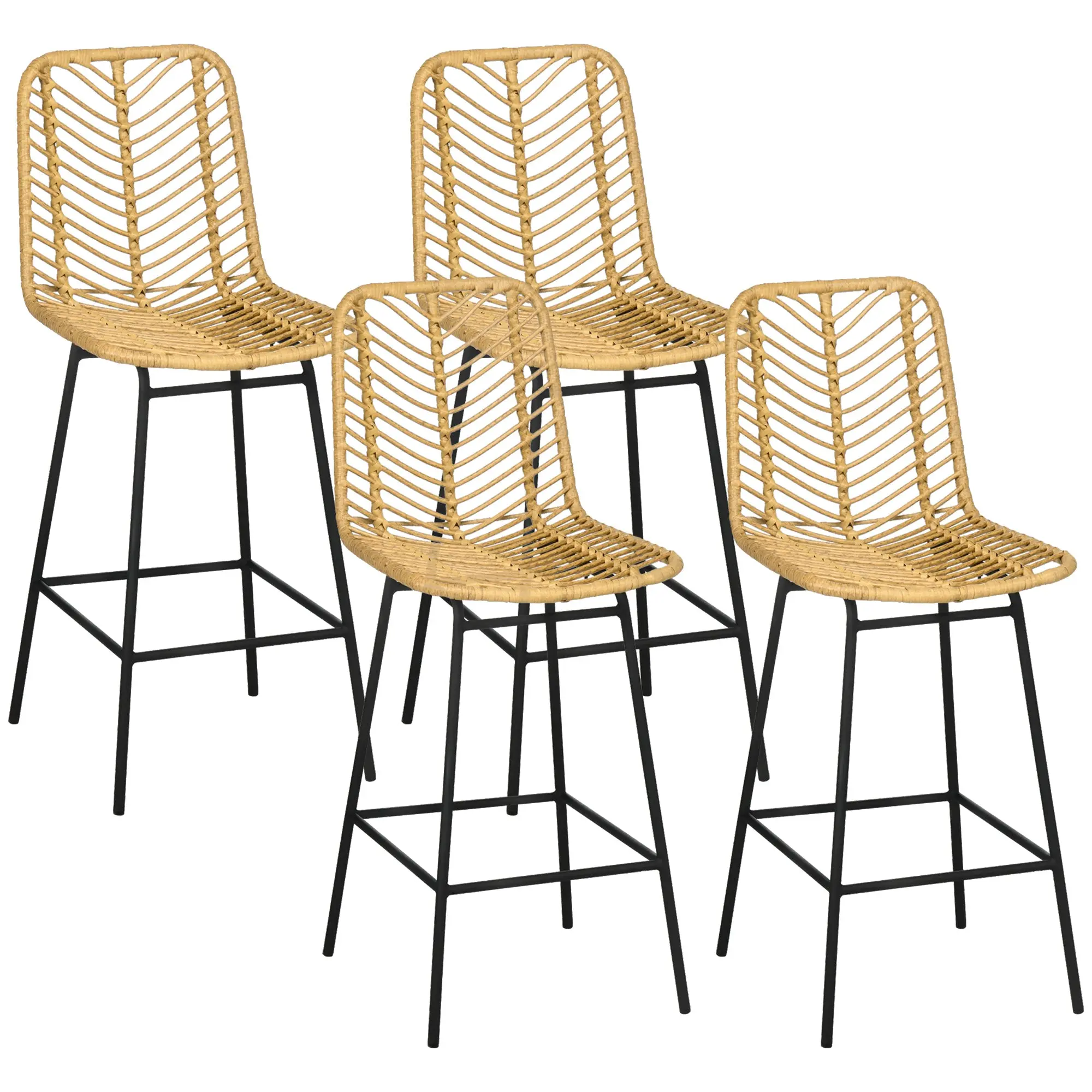 Set of 4 Bar Stools, 26" Seat Height, Woven Back & Footrest, Steel Frame, Boho Design, High Kitchen/Dining Counter Chairs, Yellow