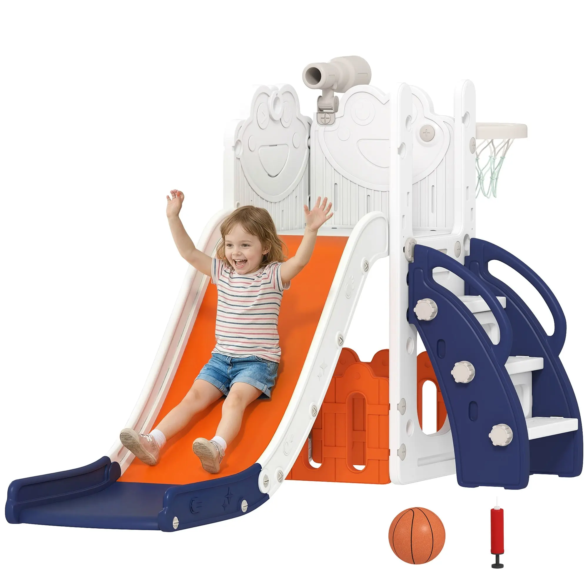 5-in-1 Toddler Slide with Hoop, Ladder, Toy Telescope & Storage Box — Indoor/Outdoor Playset for Ages 1-3, Dark Blue