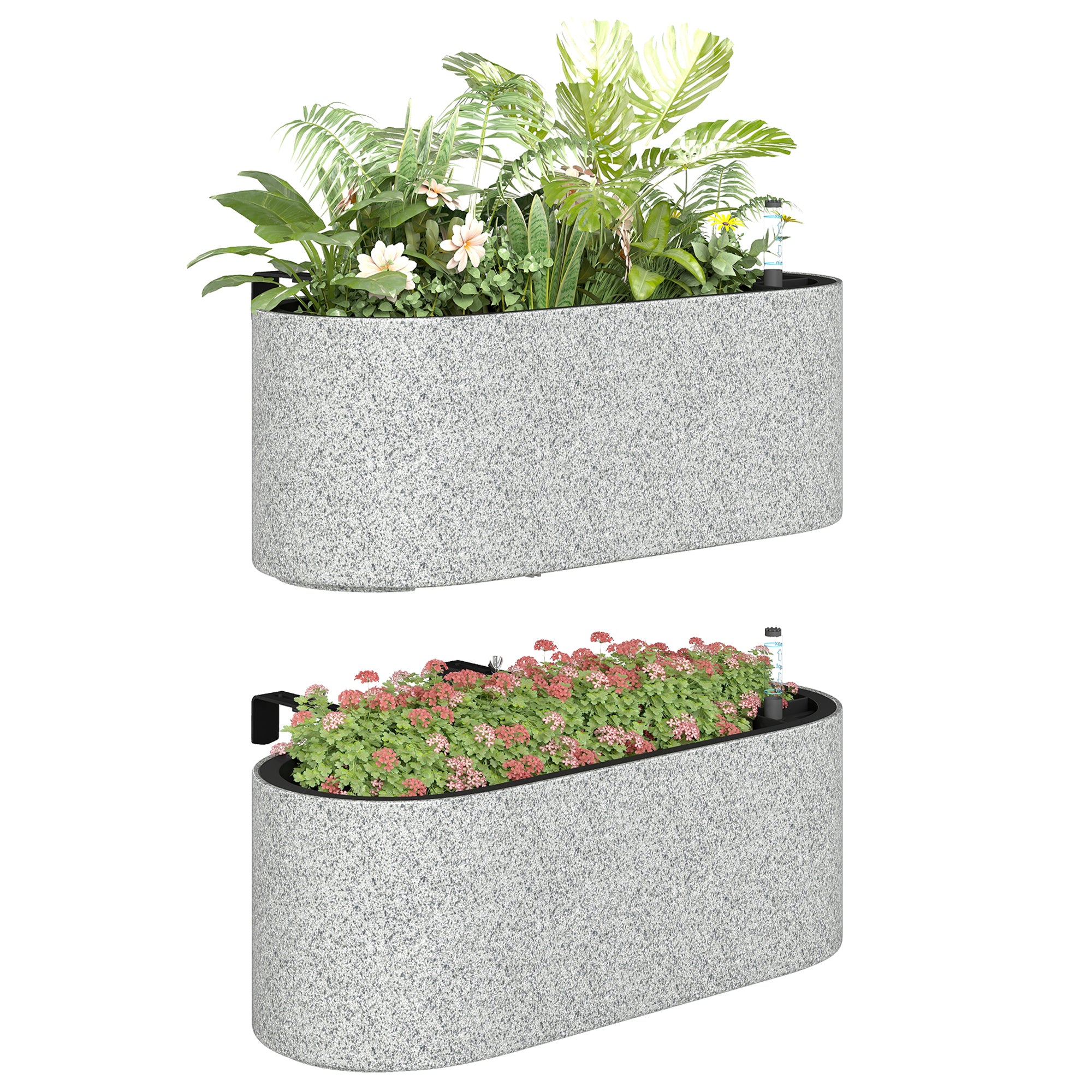Outsunny 2er-Set Hängende ovale Pflanzkästen mit Selbstbewässerung, Ablassstopfen & Haken — 42 x 16 x 15 cm, Hellgrau