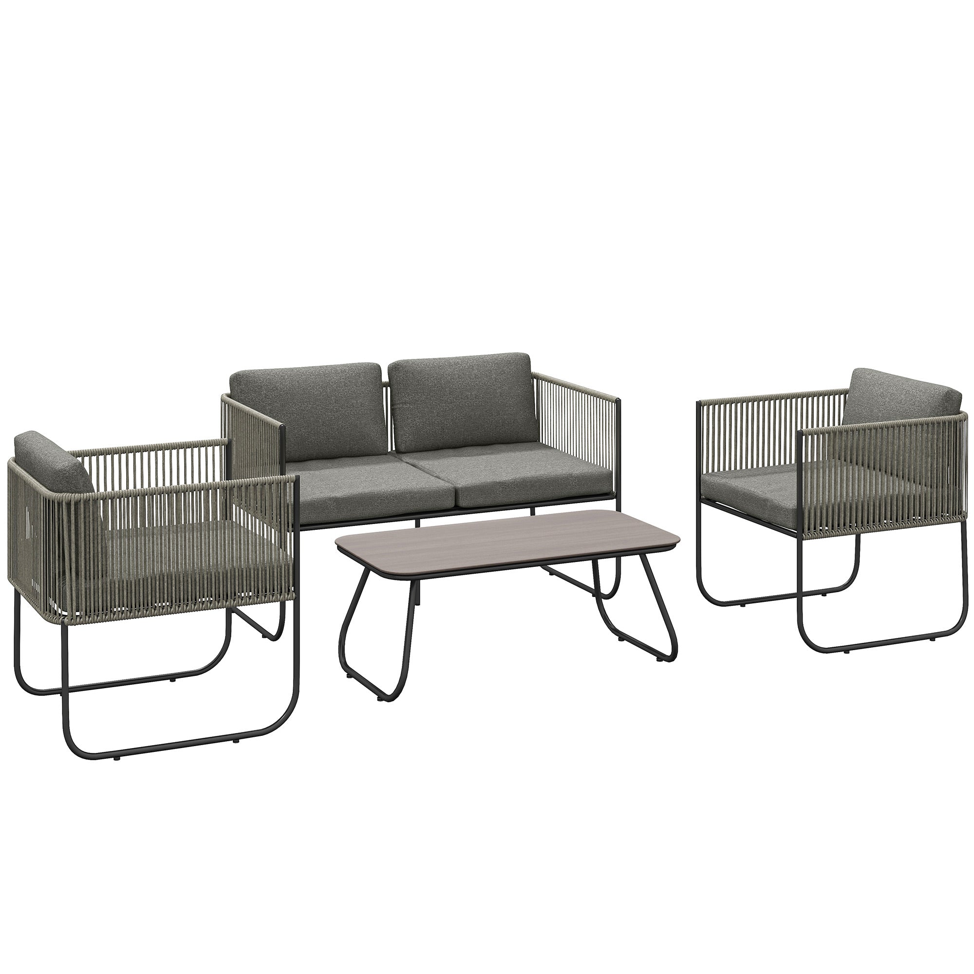 Outsunny Gartenmöbelset aus Poly Rattan – Lounge Set mit Sofastuhl, Tisch und Kissen – Wetterfest für 4 Personen – Gartenmöbelset für Balkon und Terrasse in Braun+Dunkelgrau