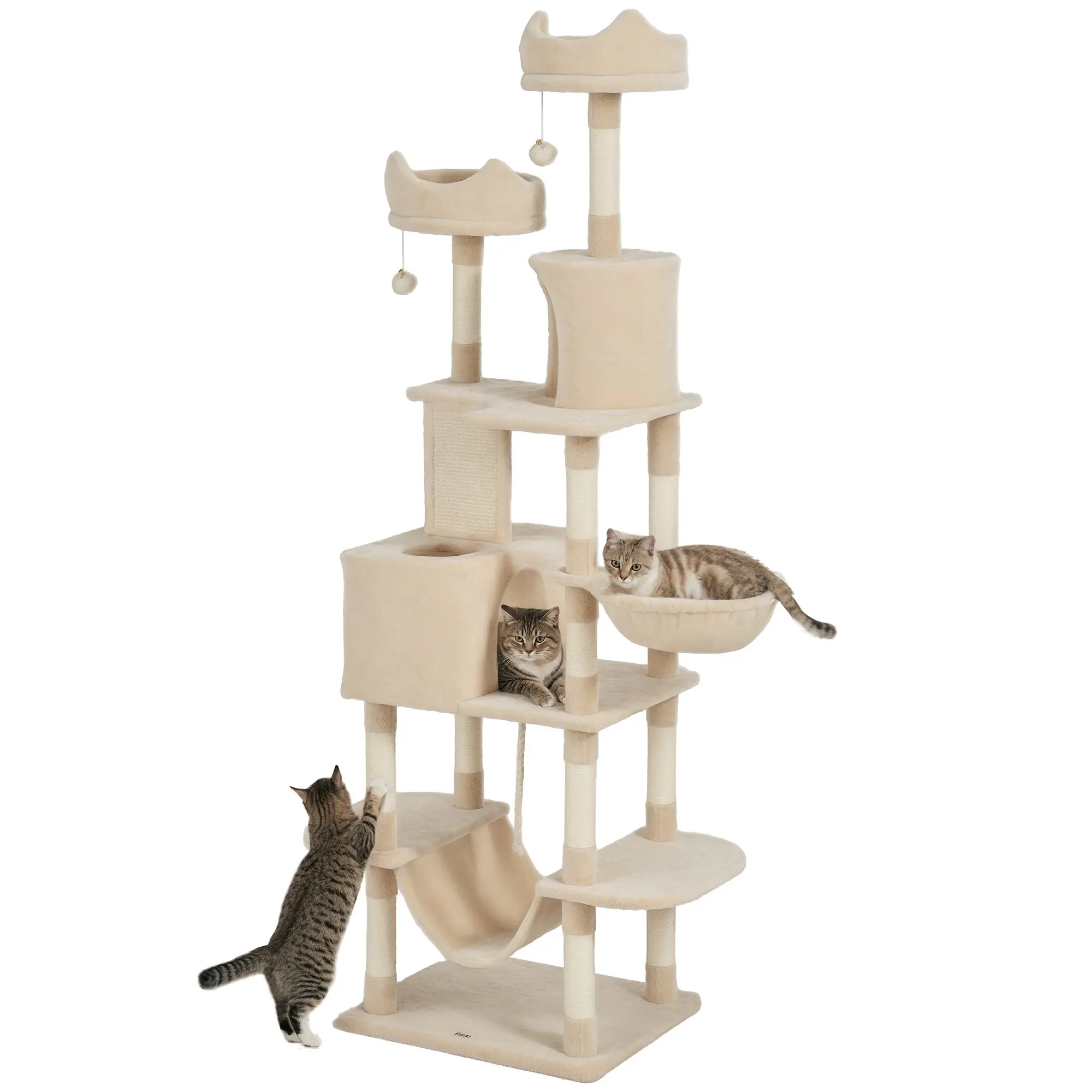 Large Cat Scratcher Height 206 cm Cat Tree Tower with Platforms Caves Hanging Balls and Hammocks Beige