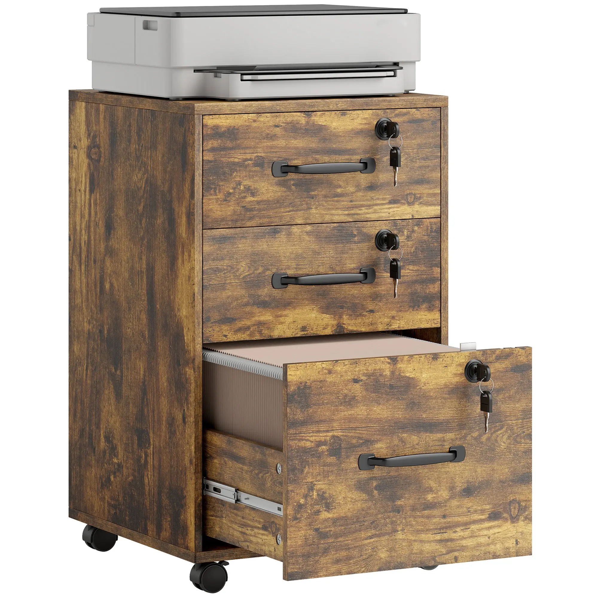 Mobile 3-Drawer Lockable Office Pedestal for A4/Letter Hanging Files and Printer Stand, Rustic Brown