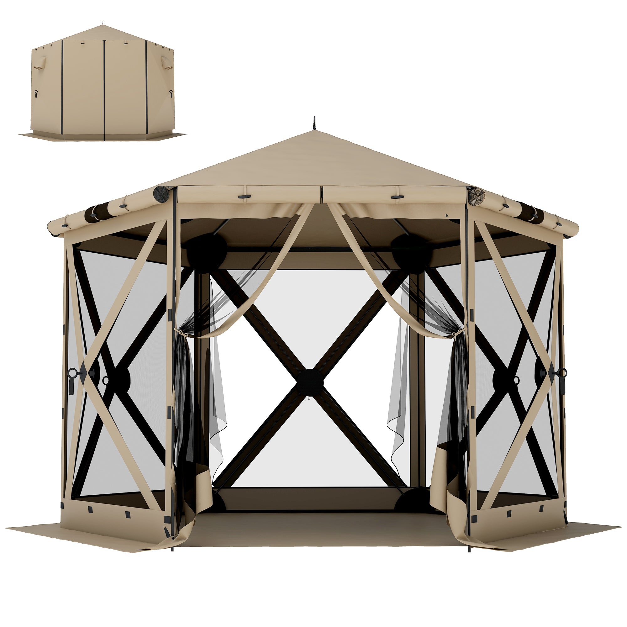 Outsunny sešstūra pop‑up paviljons 3,0 × 2,6 m ar grīdas paklāju, sieta sānu paneļiem un pārnēsāšanas somu — ūdensnecaurlaidīgs, ar UV aizsardzību, kaki