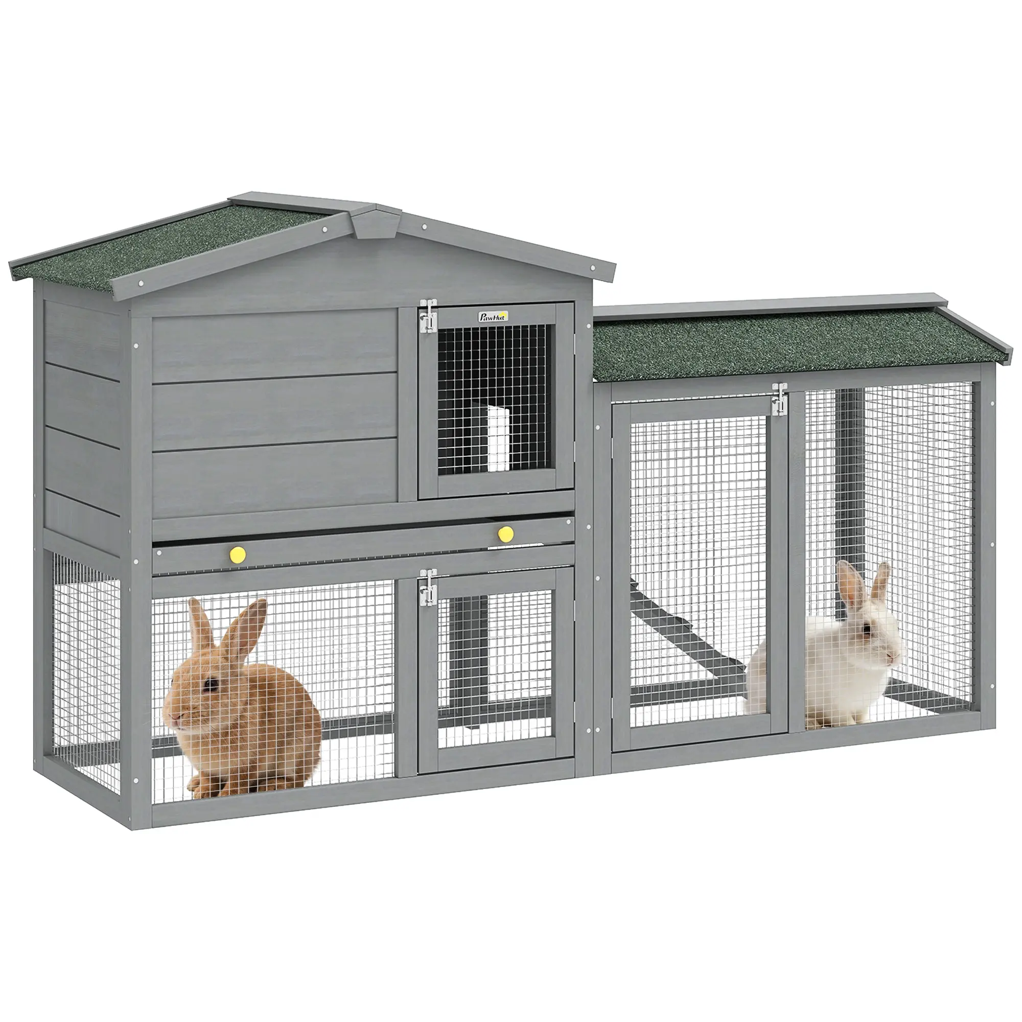 2-Level Wooden Rabbit Hutch, Large Outdoor Cage with Asphalt Roof, Removable Tray & Ramp — For Rabbits, Guinea Pigs & Hamsters, 150 x 45 x 85 cm (59.1 x 17.7 x 33.5 in), Gray