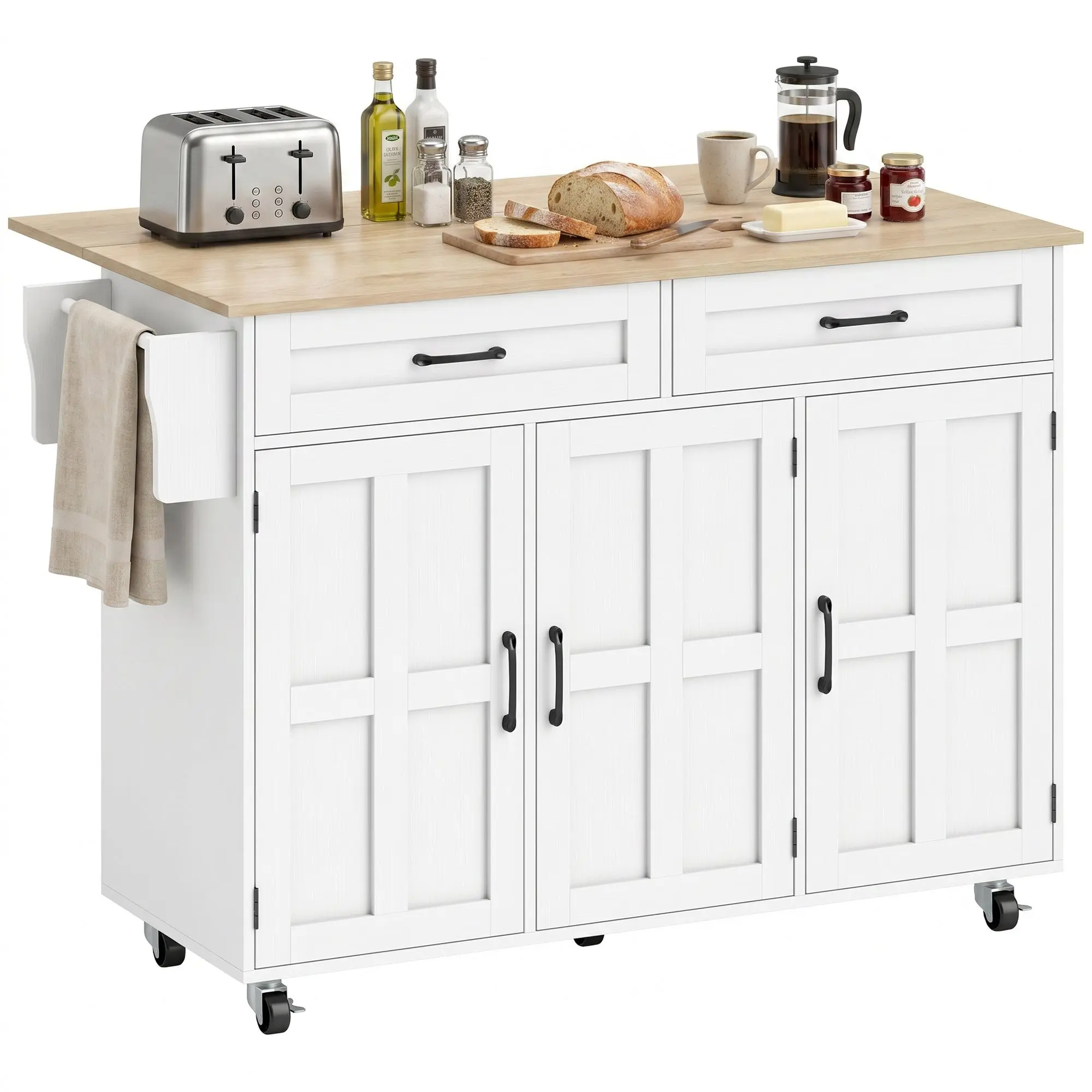 Kitchen Island with Drop-Leaf Top, Rolling Kitchen Cart with 2 Drawers, 3 Doors, Door Rack, Towel Bar & Adjustable Shelf, 50.8 x 28.3 x 35.6 in, White