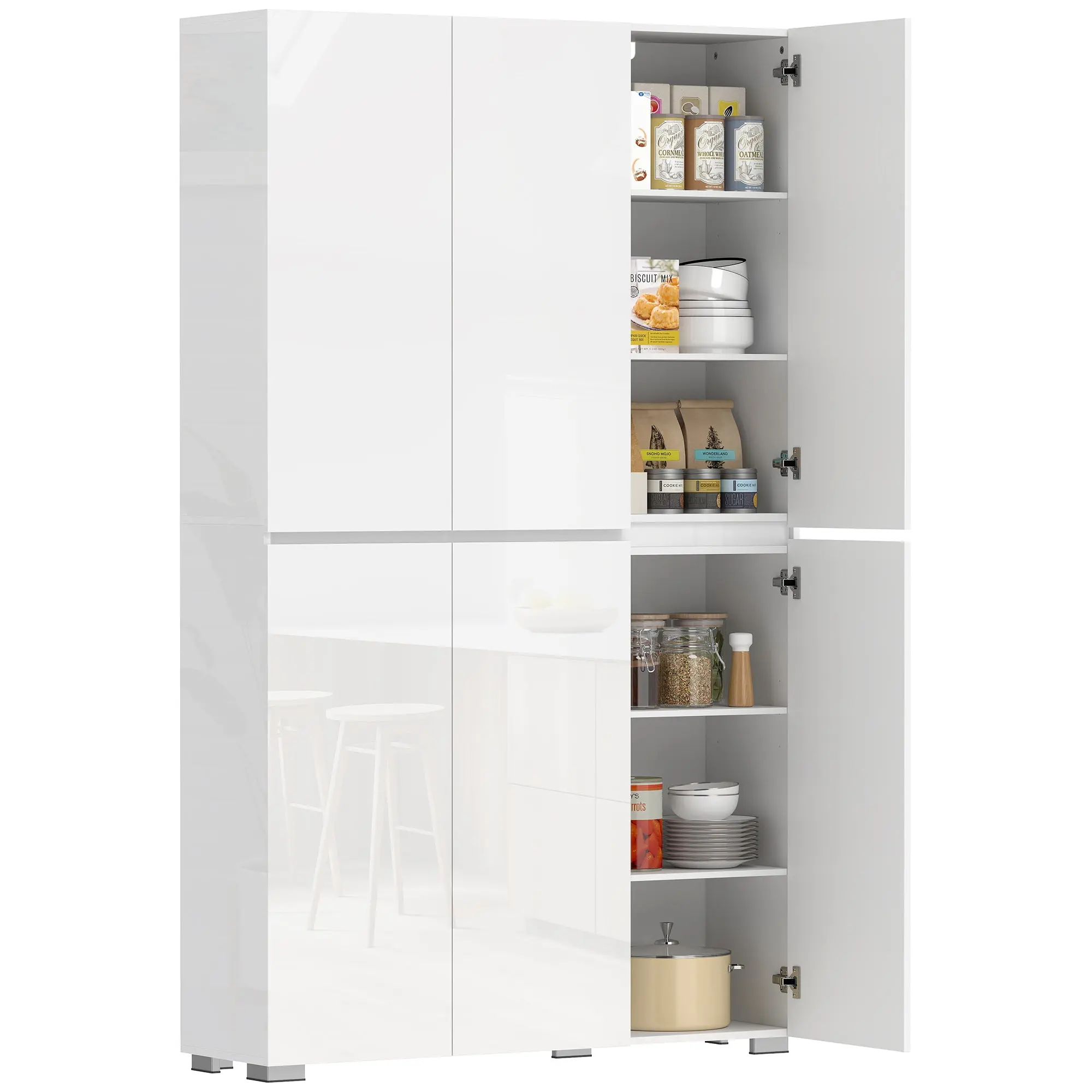 High-Gloss Tall Kitchen Cabinet – 6 Soft-Close Doors, 12 Compartments, Adjustable Shelves, White – 47.2×13.4×78.7 in (120×34×200 cm)