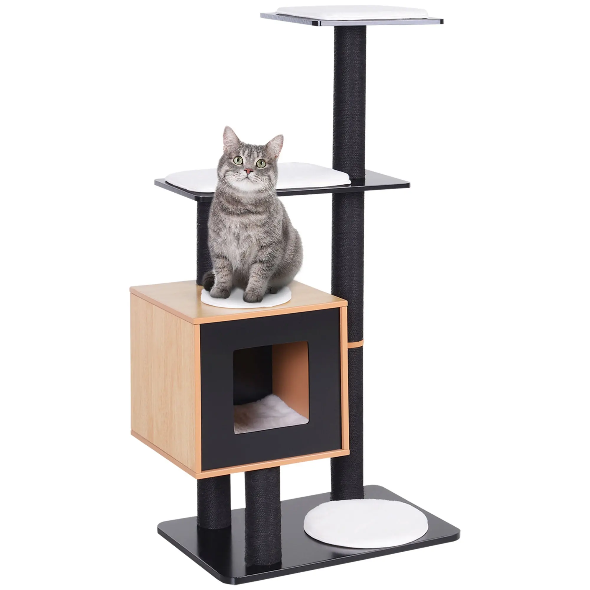 Cat Tree for Indoor Cats, Modern Cat Tower with Natural Sisal Scratching Posts, Hideaway, Cushioned Platforms & Hanging Ball Toys, Black