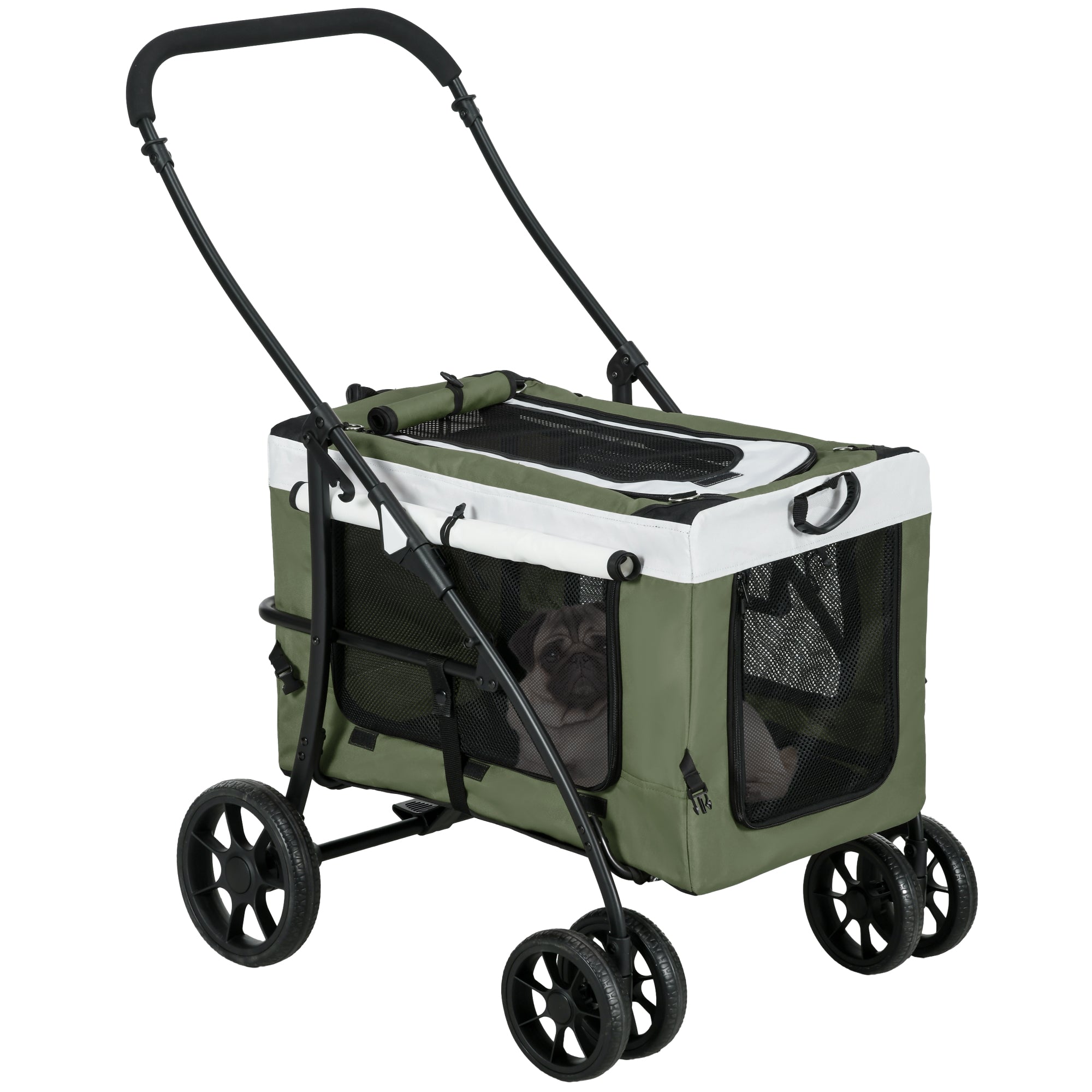 2 in 1 Dog Stroller Pet Buggy Foldable for Dogs & Cats up to 10 kg Cat Buggy with Cushion Mesh Windows Doors Storage Basket Cat Carriage Buggy Dark Green