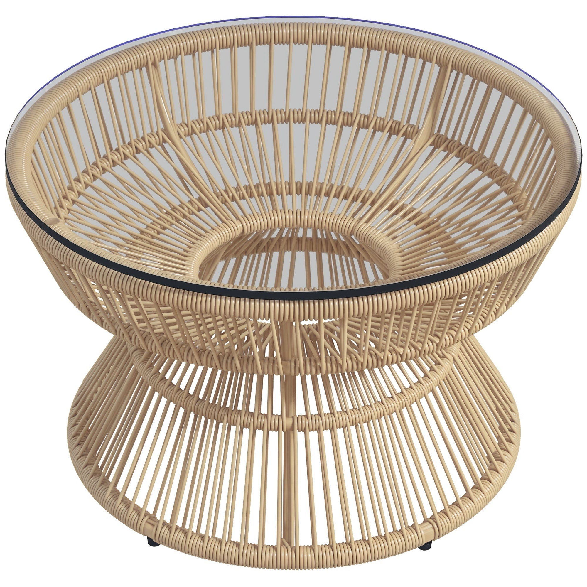 Outsunny Kerek Kerti Kávézó Asztal, Műrattan Megjelenésű Asztal Edzett Üveglappal Ø60 x 37H cm Természetes
