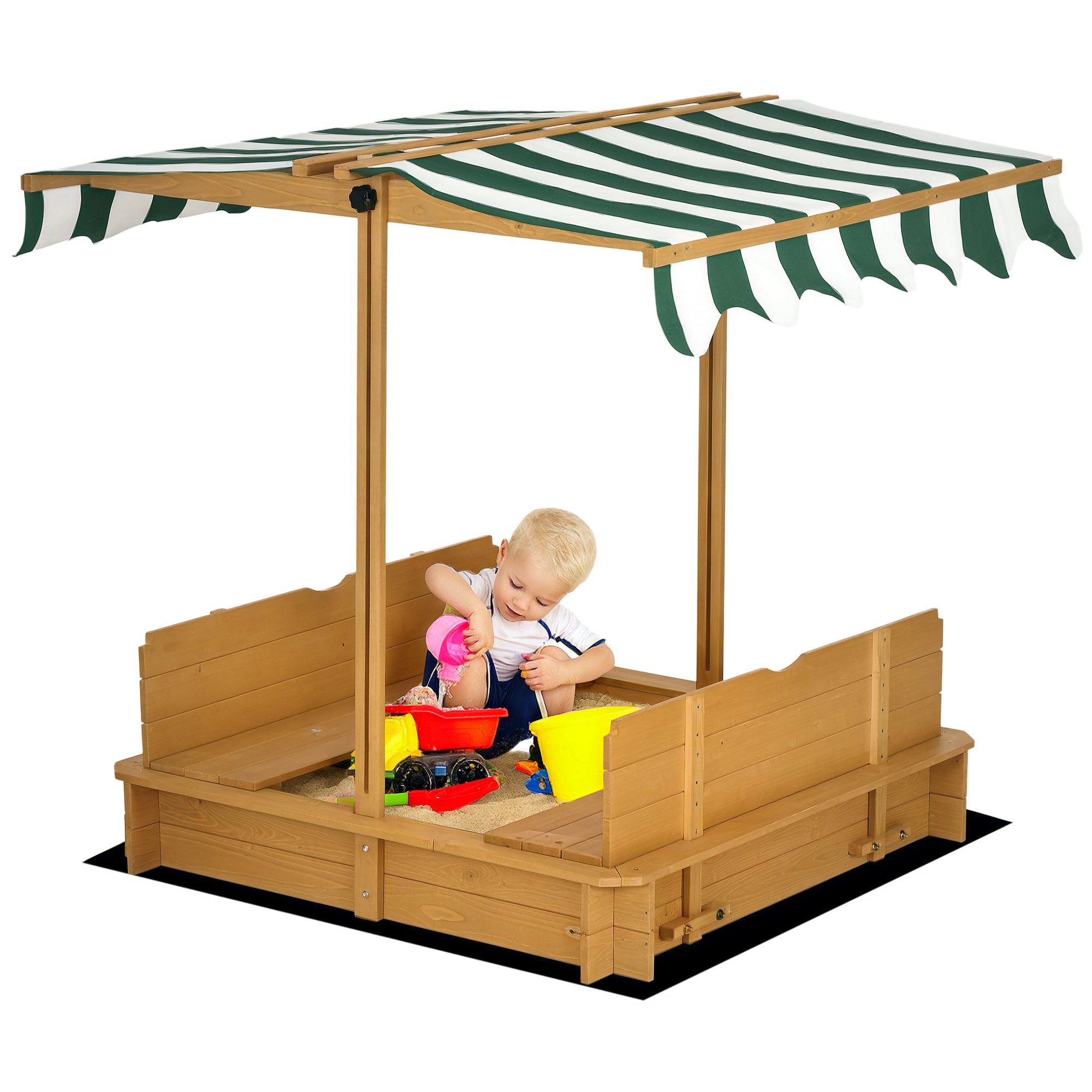 Sandbox Ξύλινος για Παιδιά από την Outsunny με Ρυθμιζόμενη Σκηνή, 2 Παγκάκια και Αφαιρούμενους Πίσω Υποστηρίγματα για Κήπο 106x106x115 εκ Φυσικό Ξύλο με Πράσινες και Λευκές Ράβδους