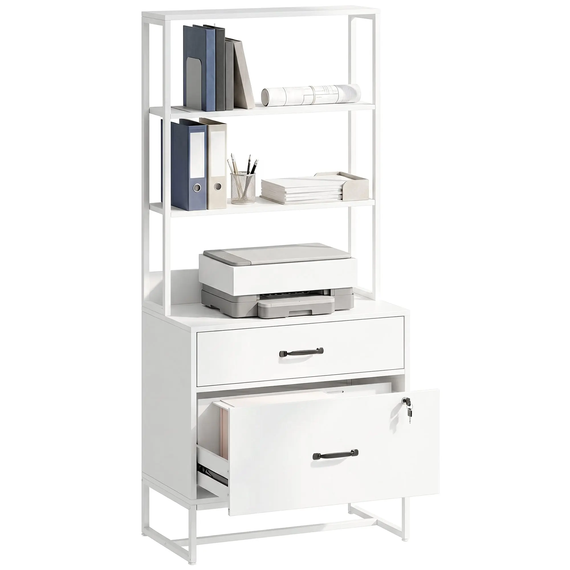 2-Drawer Filing Cabinet with Shelves, Printer Top, Lockable Drawer, Fits A4/Letter/Legal, White