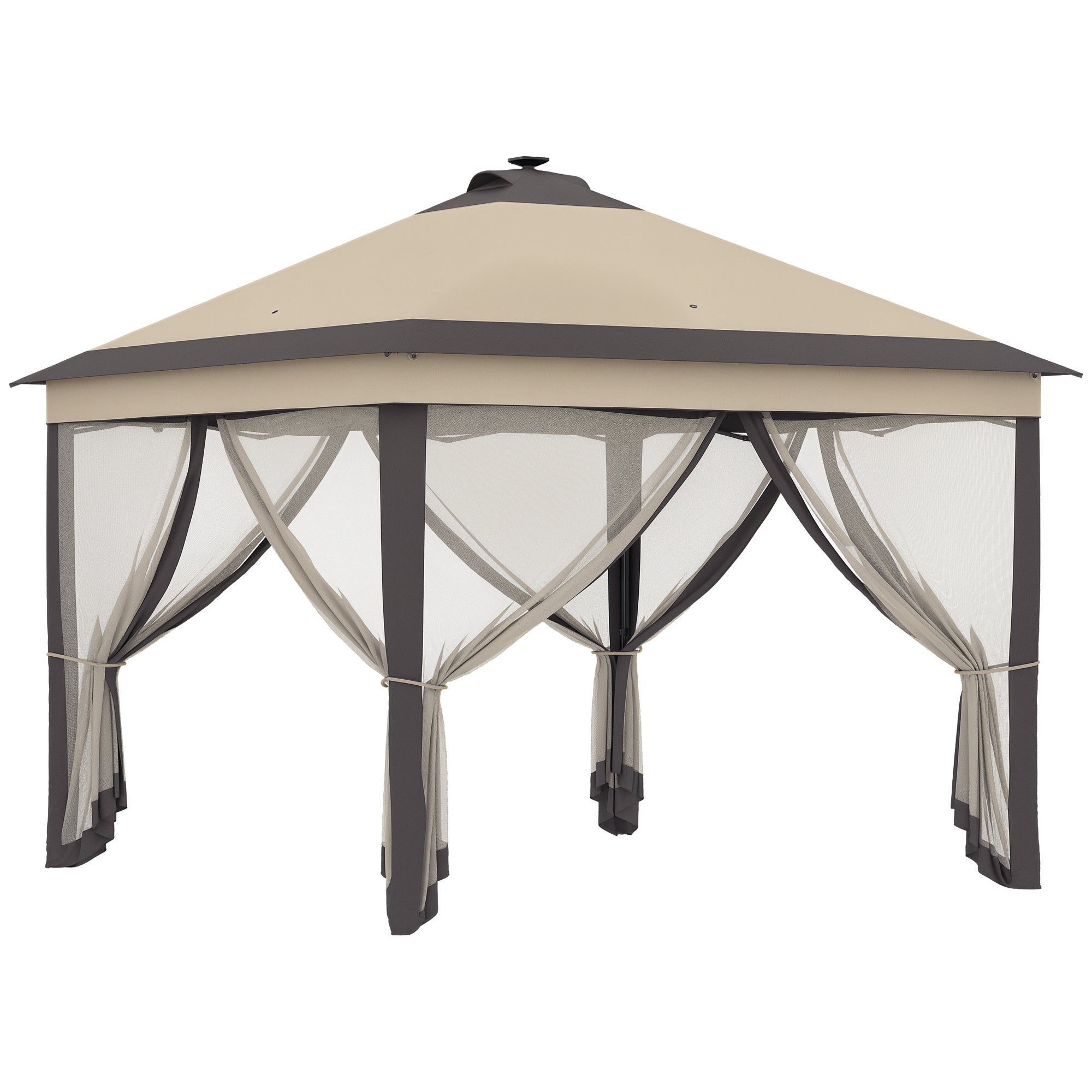 Outsunny Faltbarer Pavillon mit LED-Lichtern 3,3x3,3 m Gartenpavillon mit Fernbedienung 4 Netzseitenwände höhenverstellbar und Tragetasche für Gartenpartys Beige