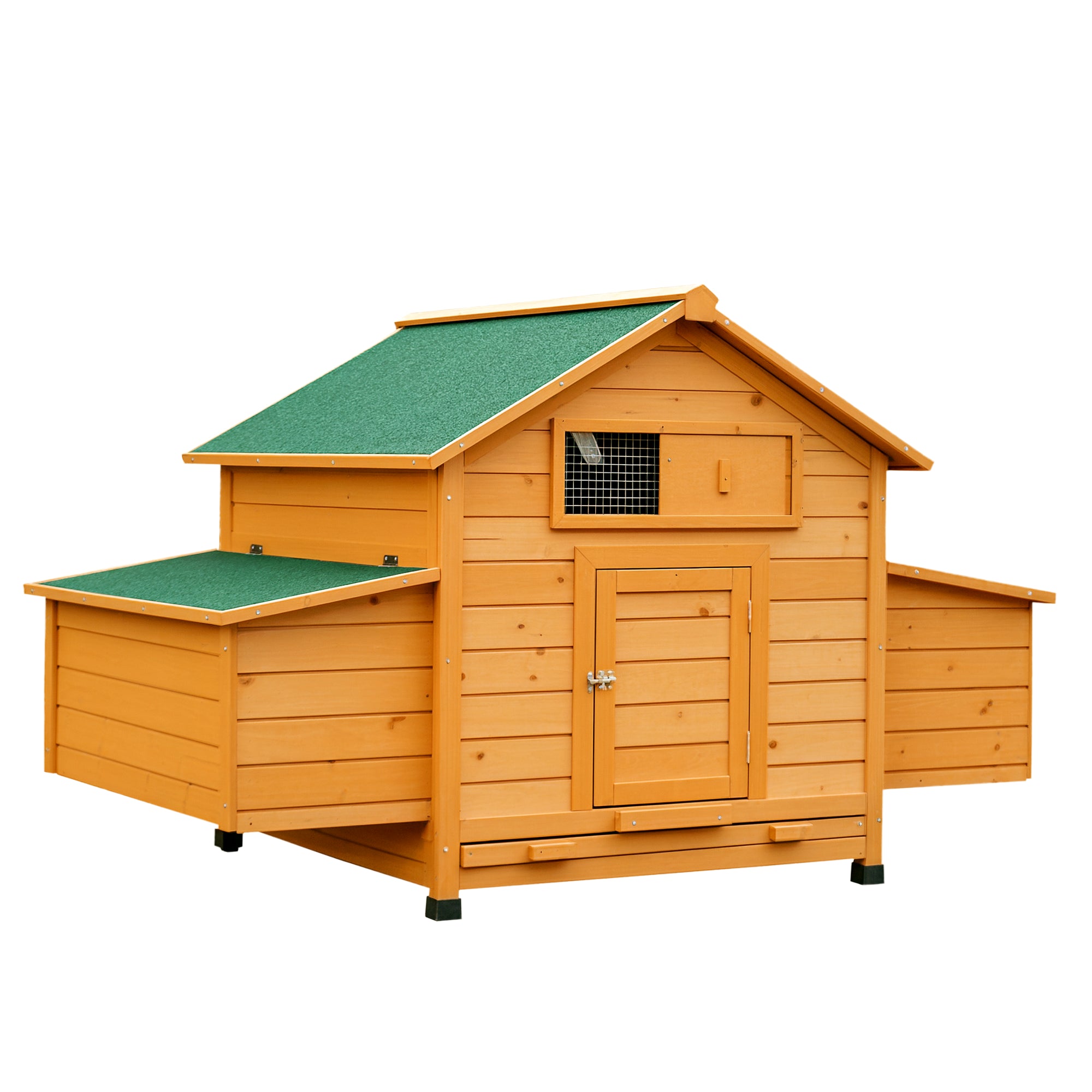 PawHut Outdoor Hennchenhaus Holzhäerz fir 2-4 Hennchen mat 2 Nester Removable Tray Klappdach 150x100x96,5 cm Natur