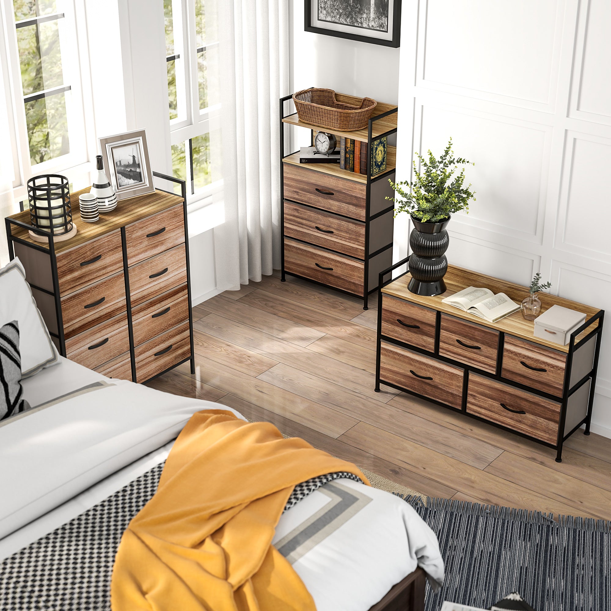 HOMCOM Úložný kabinet s 8 odnímateľnými látkovými zásuvkami, hornou poličkou a oceľovým rámom 79L x 29W x 101H cm Prírodný a čierny