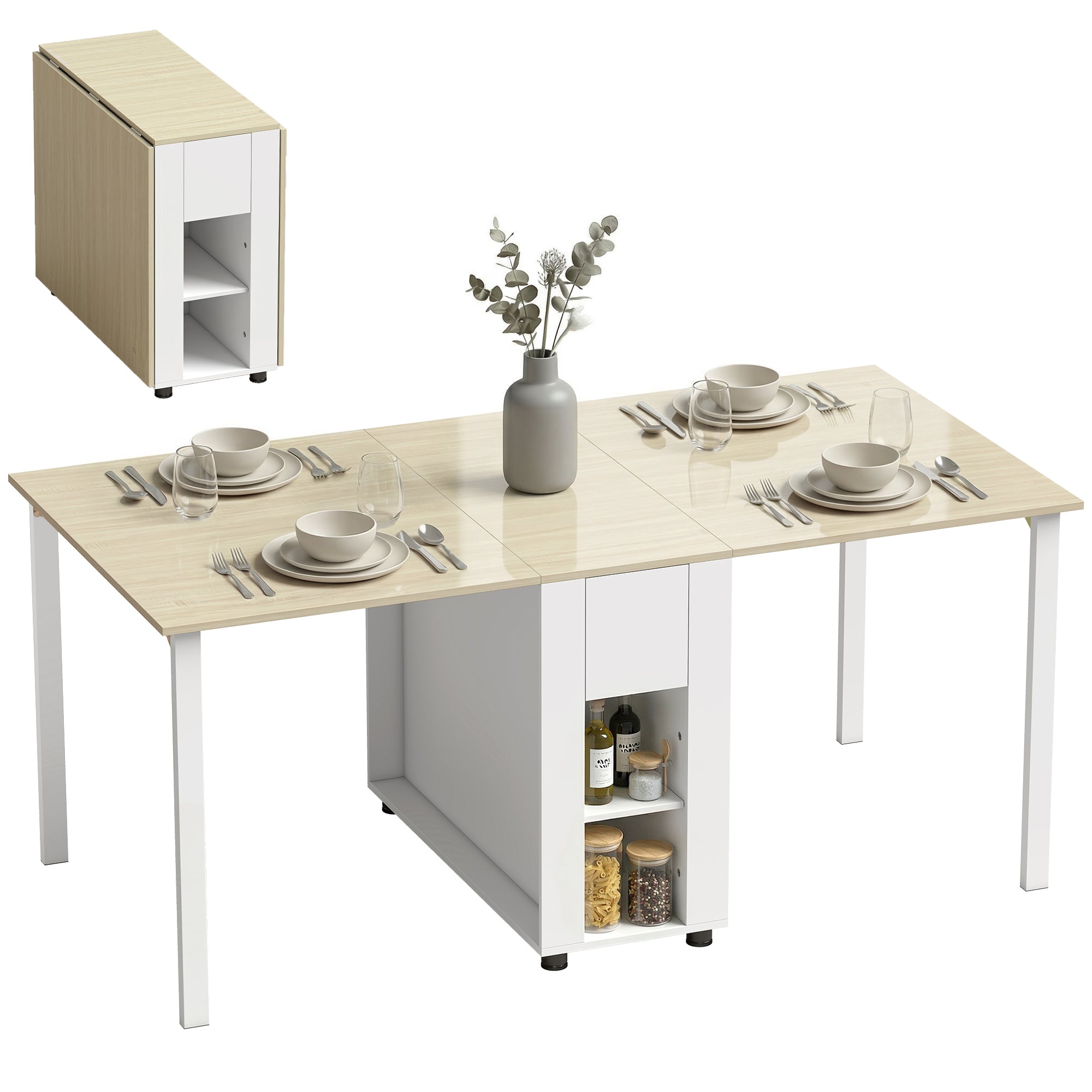 HOMCOM salokāms ēdamgalds 6 personām ar nolaižamām daļām, atvilktnēm un plauktiem — 168,2 x 85 x 73 cm, balts